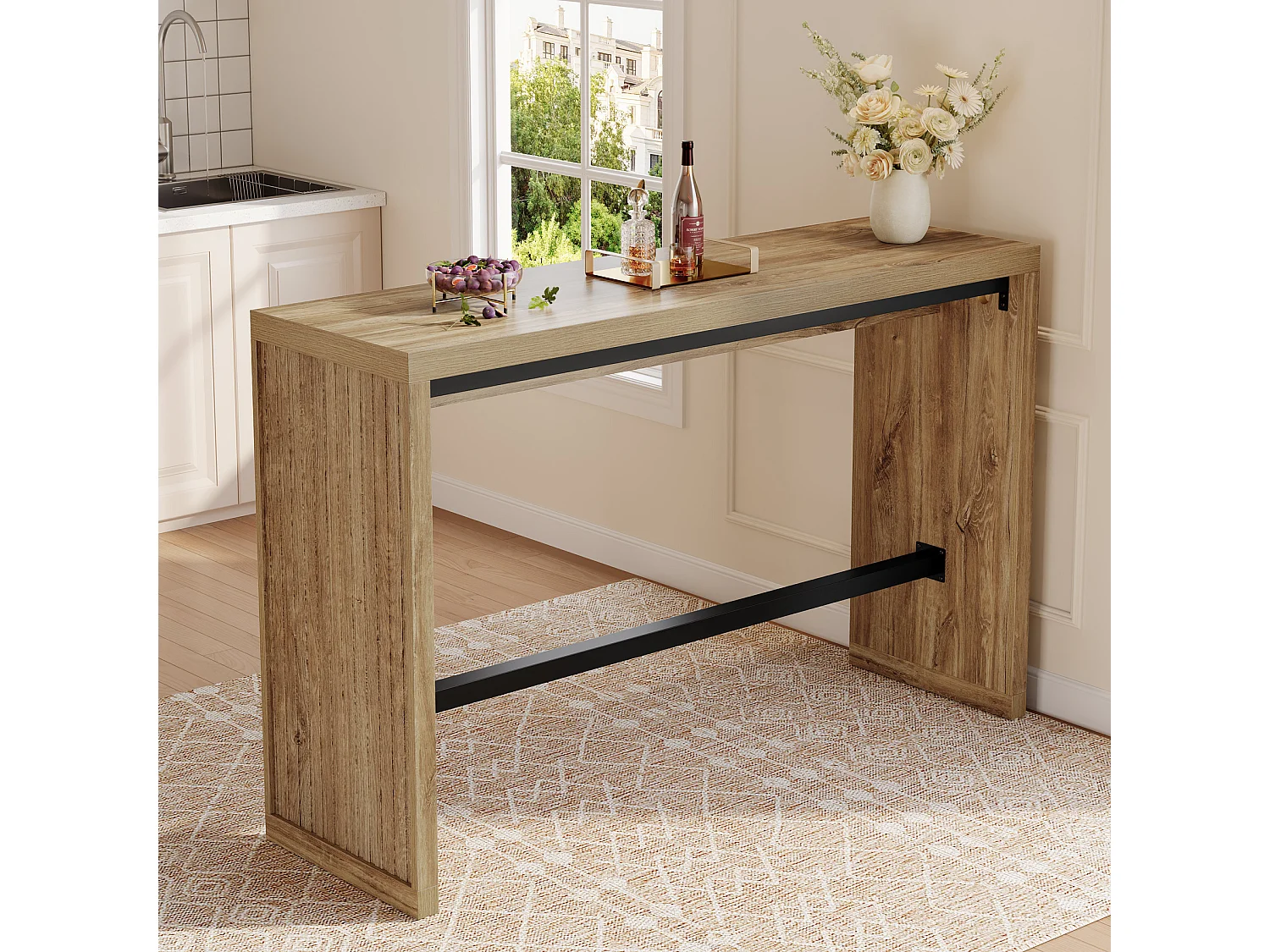 Table de bar, table de comptoir de 140 cm avec repose-pieds en métal, meuble de salle à manger rectangulaire haut