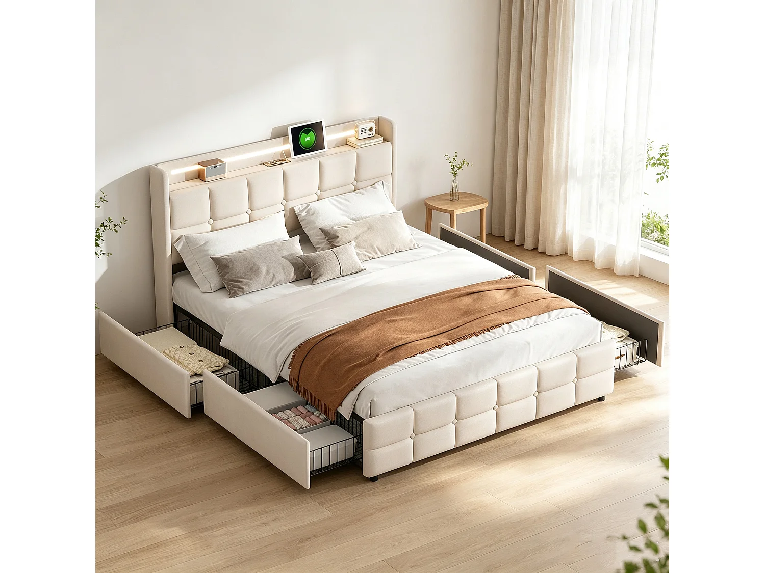 Lit 140x190 avec Sommier LED et 4 Tiroirs - Cadre de lit 2 place avec USB et Tete de lit - pour Adultes Adolescents - Lin Beige