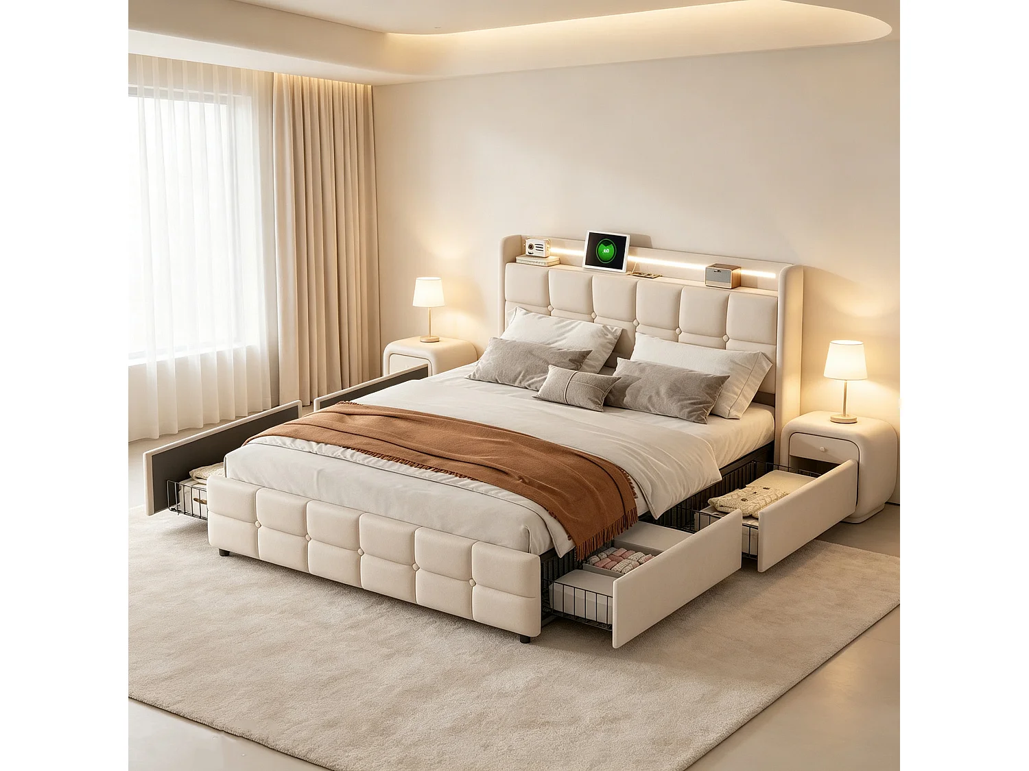 Lit 140x190 avec Sommier LED et 4 Tiroirs - Cadre de lit 2 place avec USB et Tete de lit - pour Adultes Adolescents - Lin Beige
