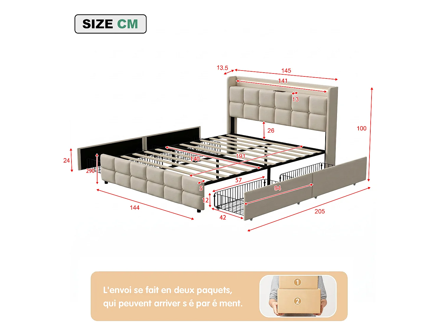 Lit 140x190 avec Sommier LED et 4 Tiroirs - Cadre de lit 2 place avec USB et Tete de lit - pour Adultes Adolescents - Lin Beige