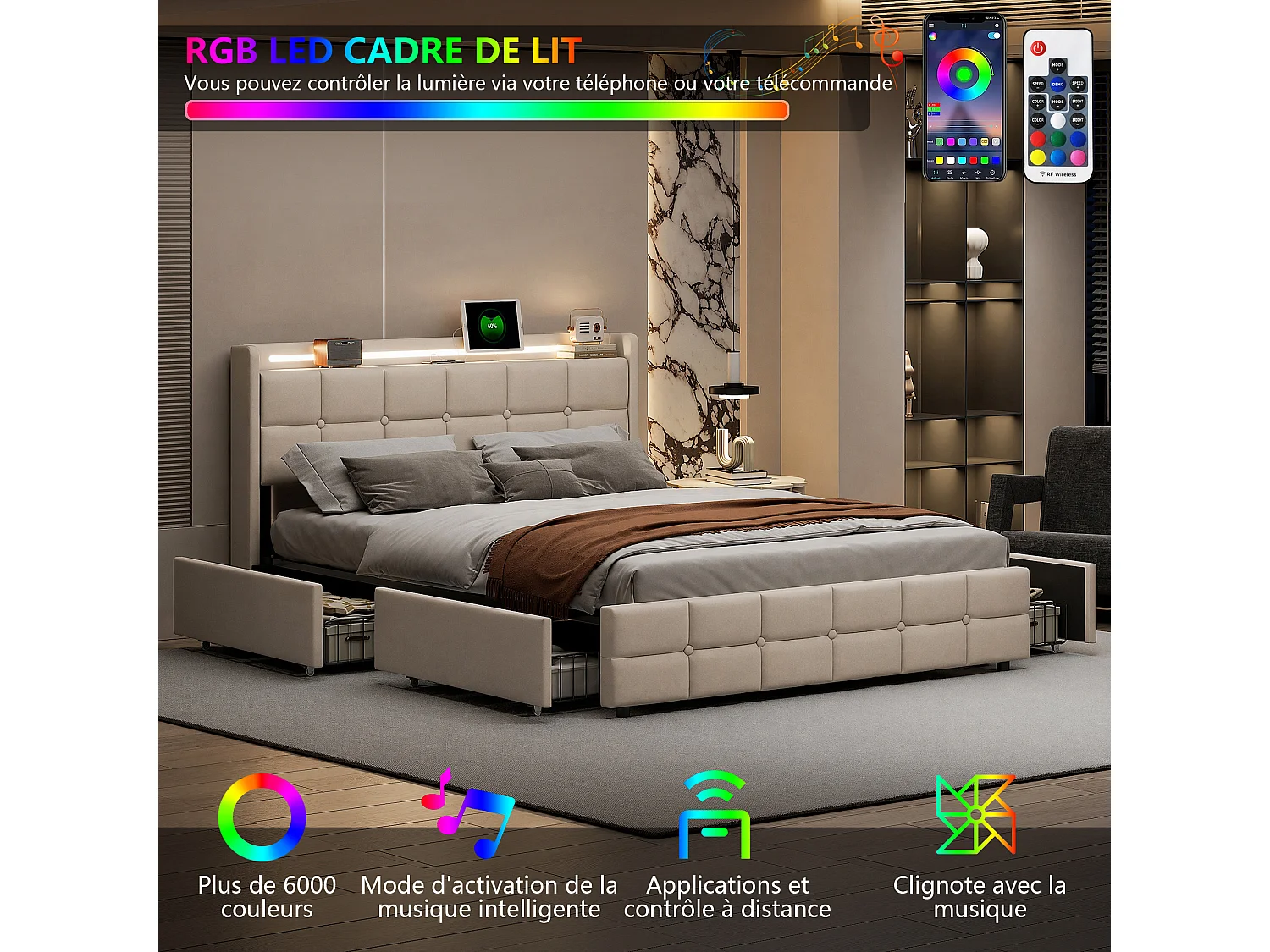 Lit 140x190 avec Sommier LED et 4 Tiroirs - Cadre de lit 2 place avec USB et Tete de lit - pour Adultes Adolescents - Lin Beige