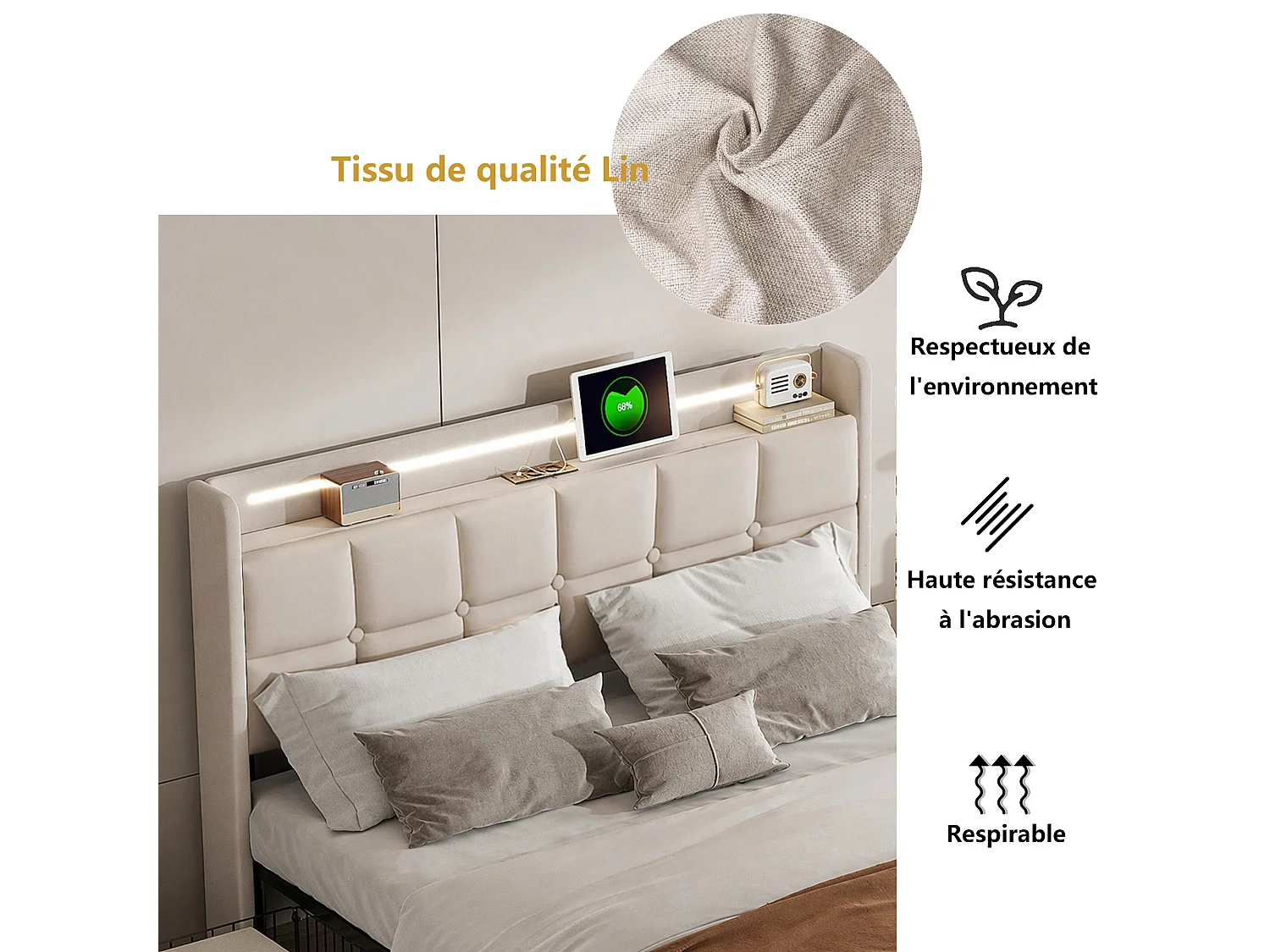 Lit 140x190 avec Sommier LED et 4 Tiroirs - Cadre de lit 2 place avec USB et Tete de lit - pour Adultes Adolescents - Lin Beige