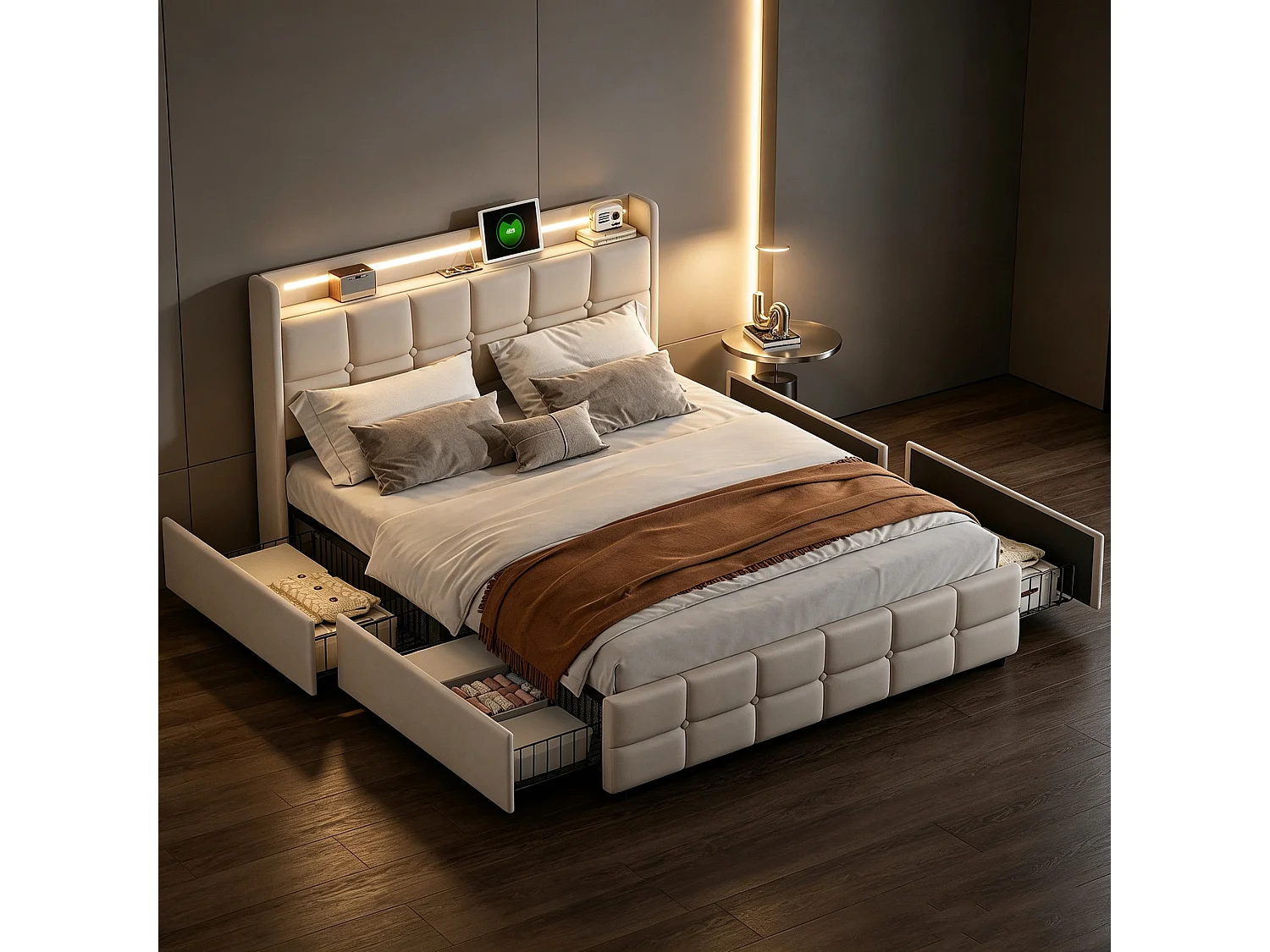 Lit 140x190 avec Sommier LED et 4 Tiroirs - Cadre de lit 2 place avec USB et Tete de lit - pour Adultes Adolescents - Lin Beige