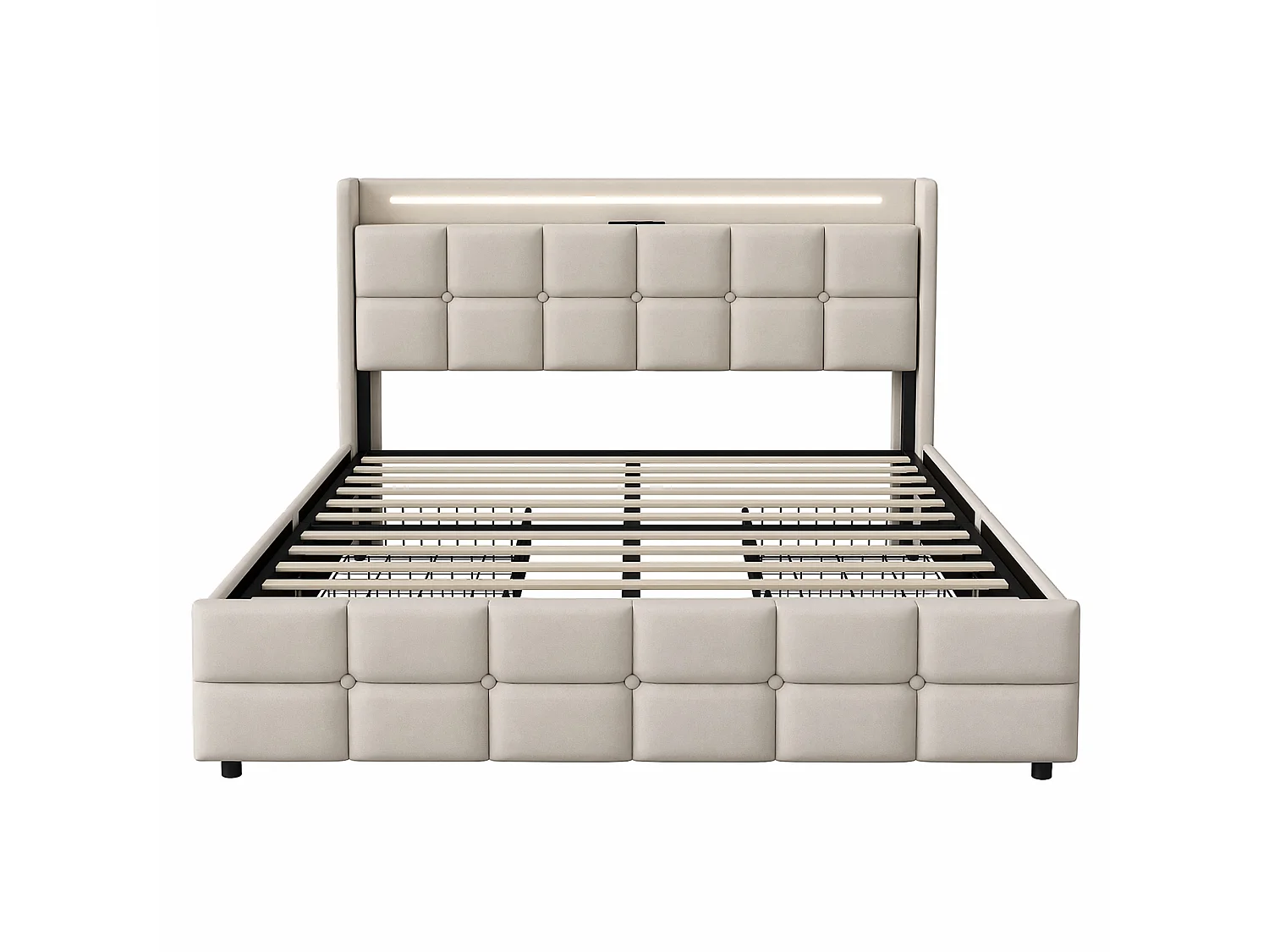 Lit 140x190 avec Sommier LED et 4 Tiroirs - Cadre de lit 2 place avec USB et Tete de lit - pour Adultes Adolescents - Lin Beige