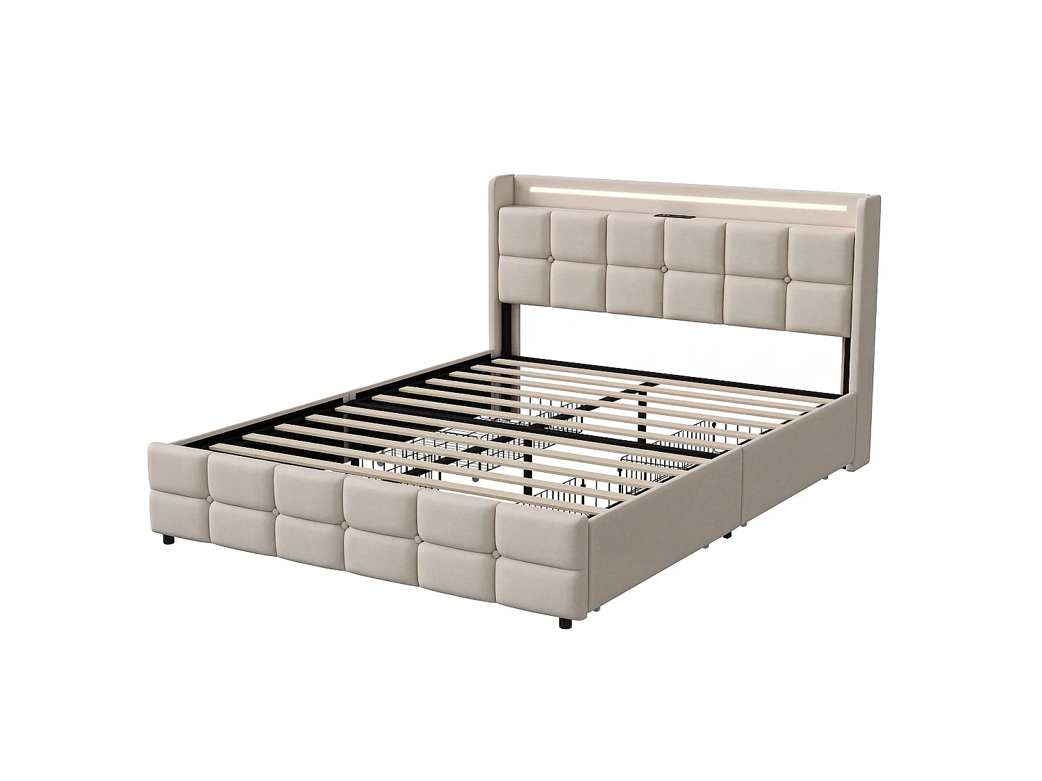 Lit 140x190 avec Sommier LED et 4 Tiroirs - Cadre de lit 2 place avec USB et Tete de lit - pour Adultes Adolescents - Lin Beige