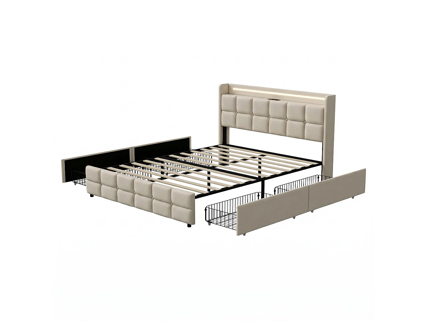 Lit 140x190 avec Sommier LED et 4 Tiroirs - Cadre de lit 2 place avec USB et Tete de lit - pour Adultes Adolescents - Lin Beige
