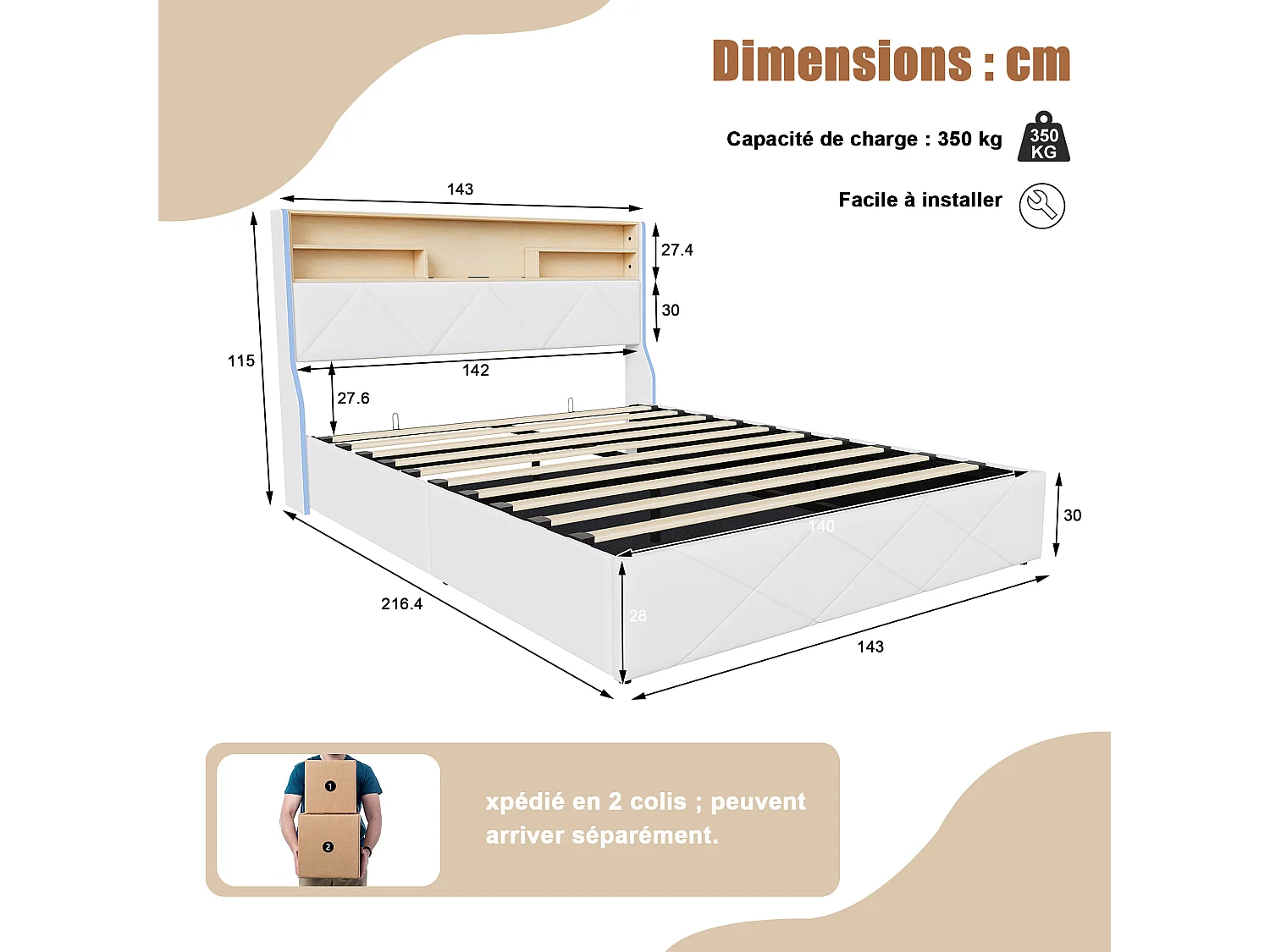 Lit coffre 140x200 cm beige avec tête de lit rembourrée, lit double avec grand rangement, LED intégrée et ports USB, sommier relevable