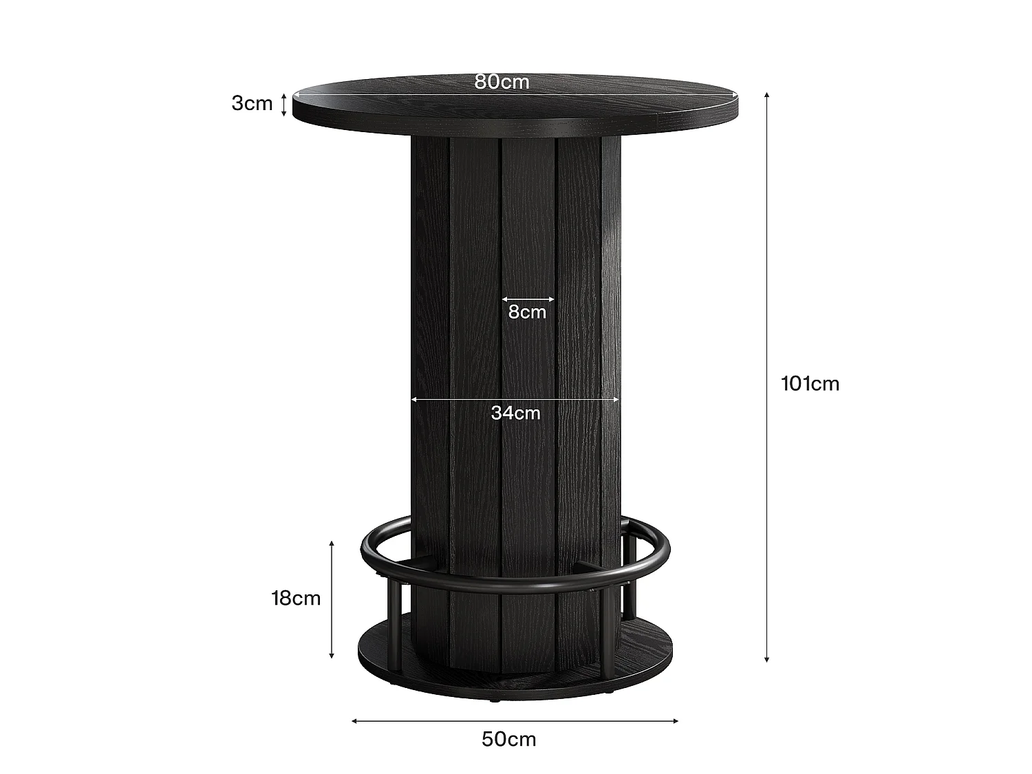Table de bar ronde, table de cocktail bistro de 100 cm de haut avec repose-pieds en métal, noire (table seule)