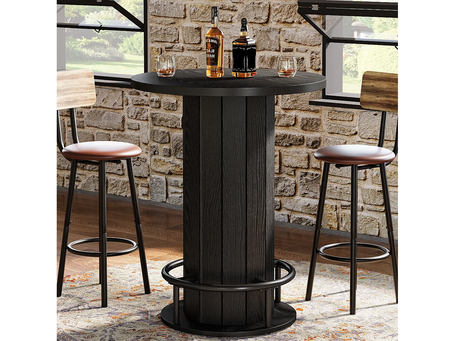 Table de bar ronde, table de cocktail bistro de 100 cm de haut avec repose-pieds en métal, noire (table seule)