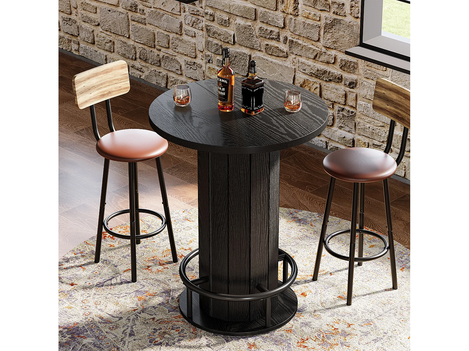 Table de bar ronde, table de cocktail bistro de 100 cm de haut avec repose-pieds en métal, noire (table seule)