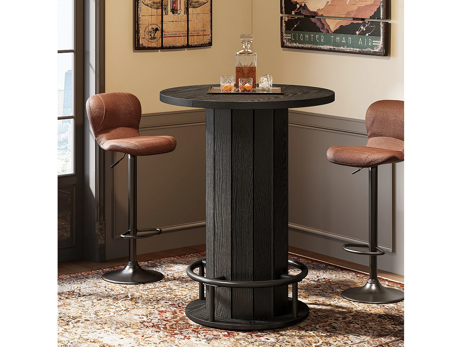 Table de bar ronde, table de cocktail bistro de 100 cm de haut avec repose-pieds en métal, noire (table seule)