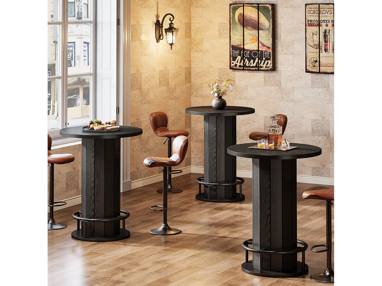 Table de bar ronde, table de cocktail bistro de 100 cm de haut avec repose-pieds en métal, noire (table seule)