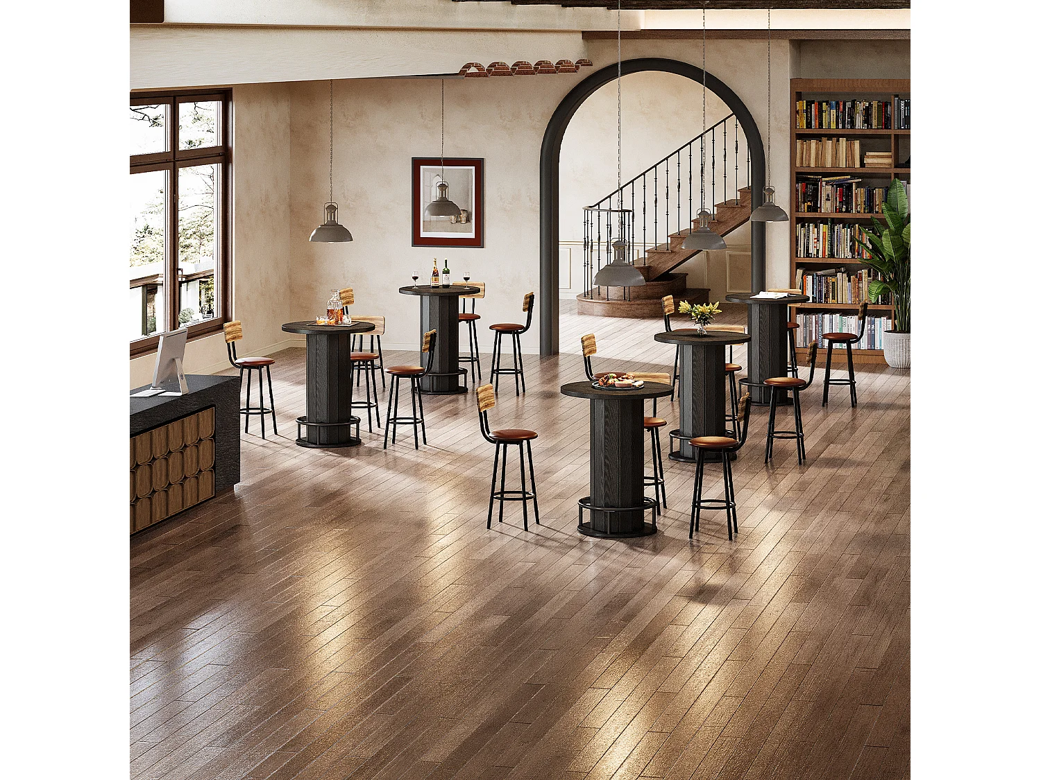 Table de bar ronde, table de cocktail bistro de 100 cm de haut avec repose-pieds en métal, noire (table seule)