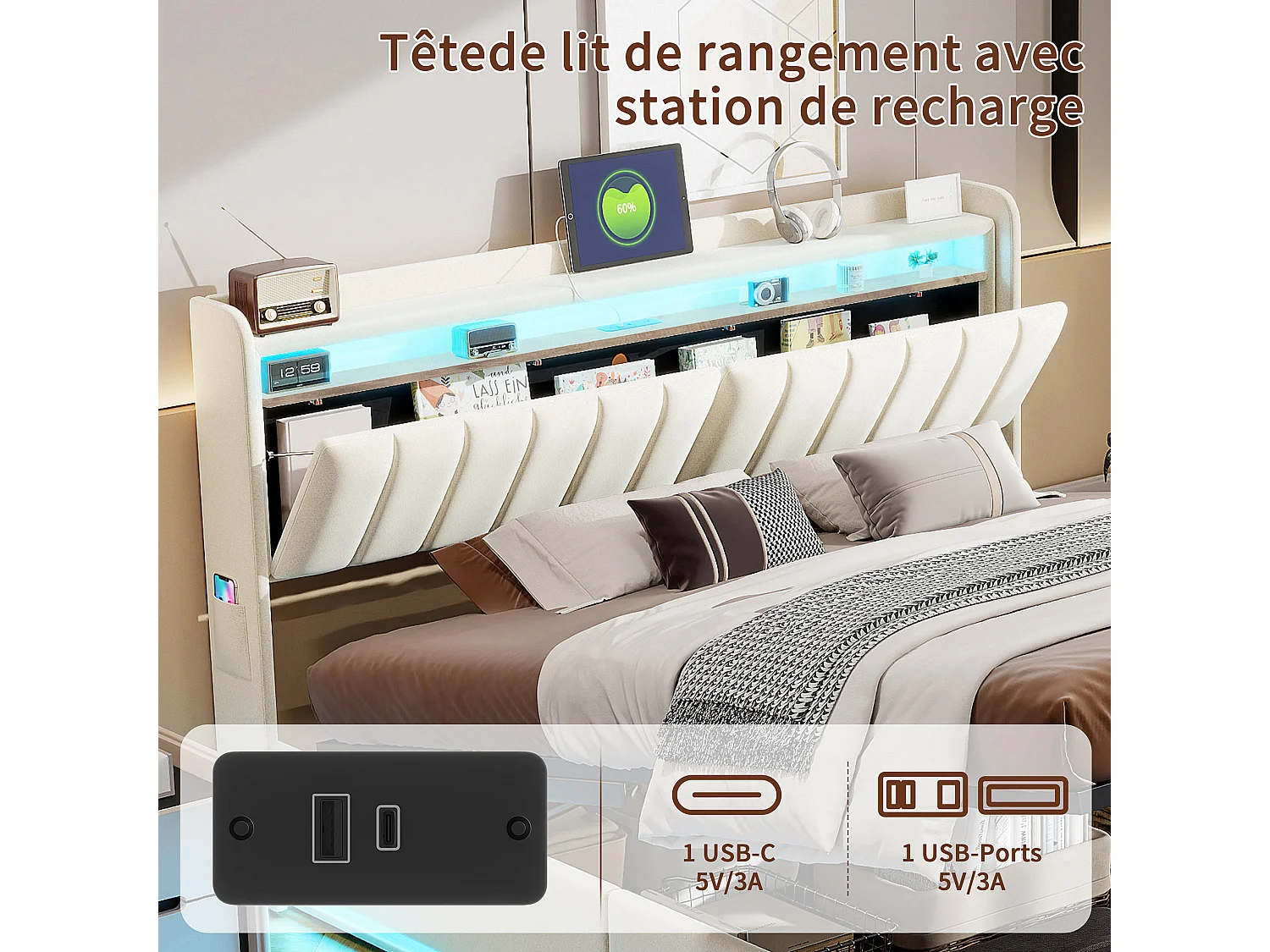 Lit 140x190 avec Sommier - Lits 2 Personnes avec USB Type-C et LED - Tête de Lits avec Compartiment Caché - Velours - Beige