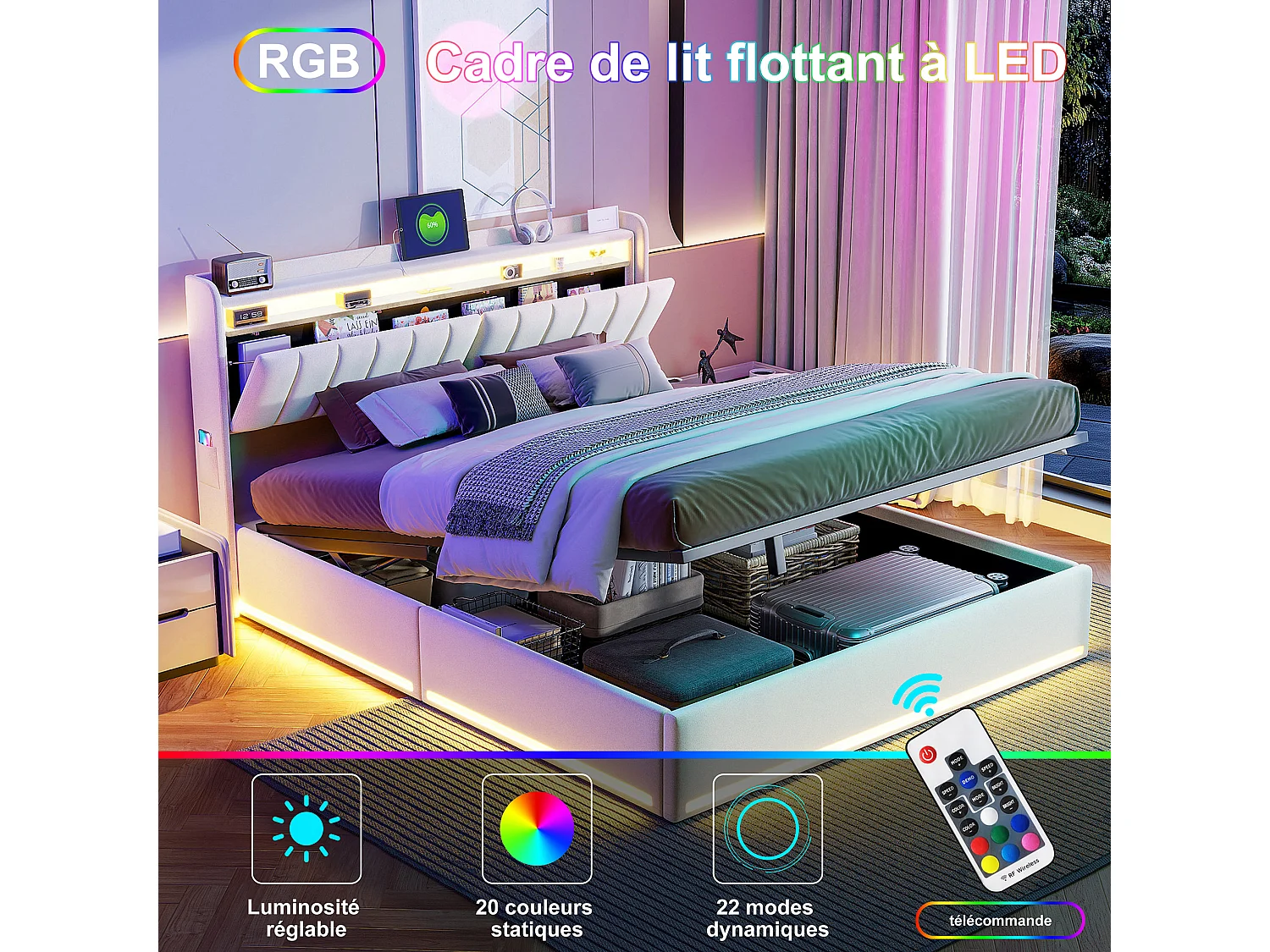 Lit 140x190 avec Sommier - Lits 2 Personnes avec USB Type-C et LED - Tête de Lits avec Compartiment Caché - Velours - Beige