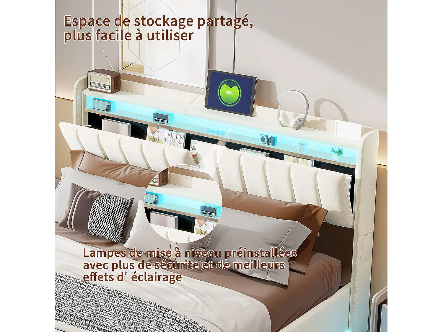 Lit 140x190 avec Sommier - Lits 2 Personnes avec USB Type-C et LED - Tête de Lits avec Compartiment Caché - Velours - Beige