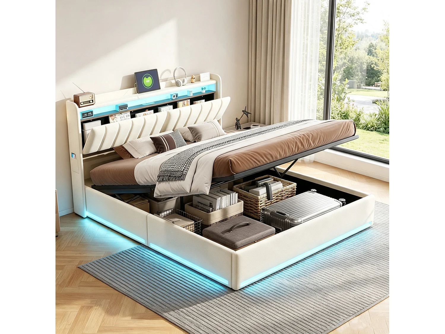 Lit 140x190 avec Sommier - Lits 2 Personnes avec USB Type-C et LED - Tête de Lits avec Compartiment Caché - Velours - Beige
