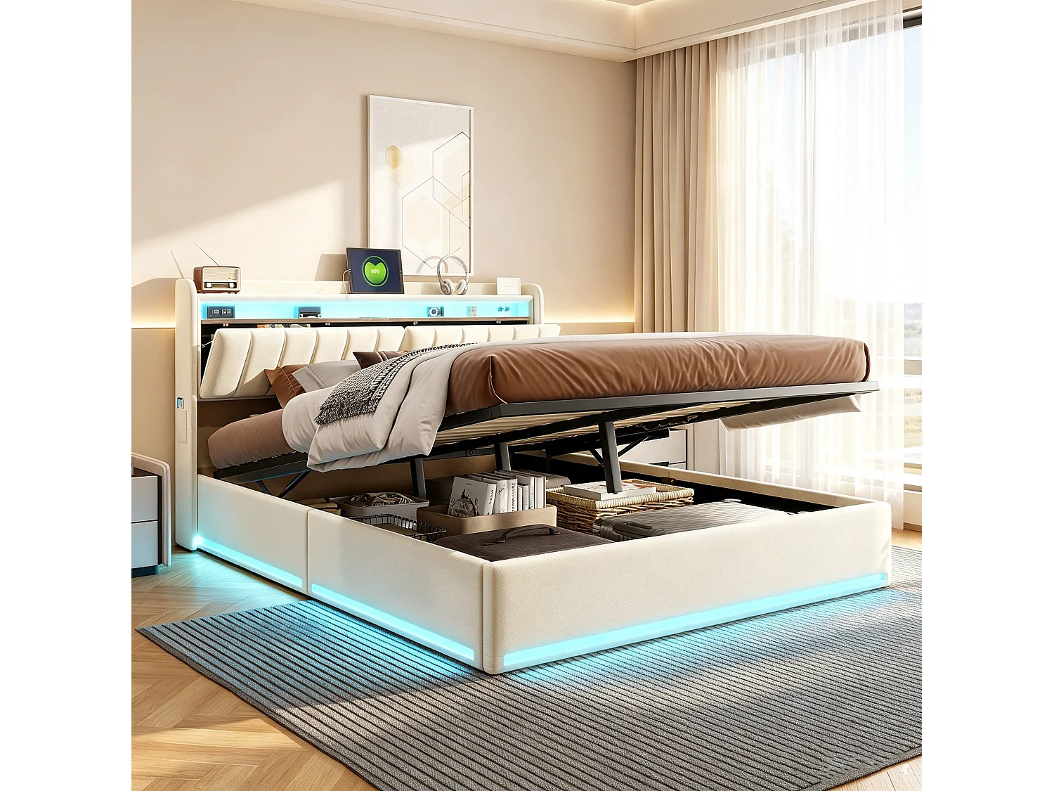 Lit 140x190 avec Sommier - Lits 2 Personnes avec USB Type-C et LED - Tête de Lits avec Compartiment Caché - Velours - Beige