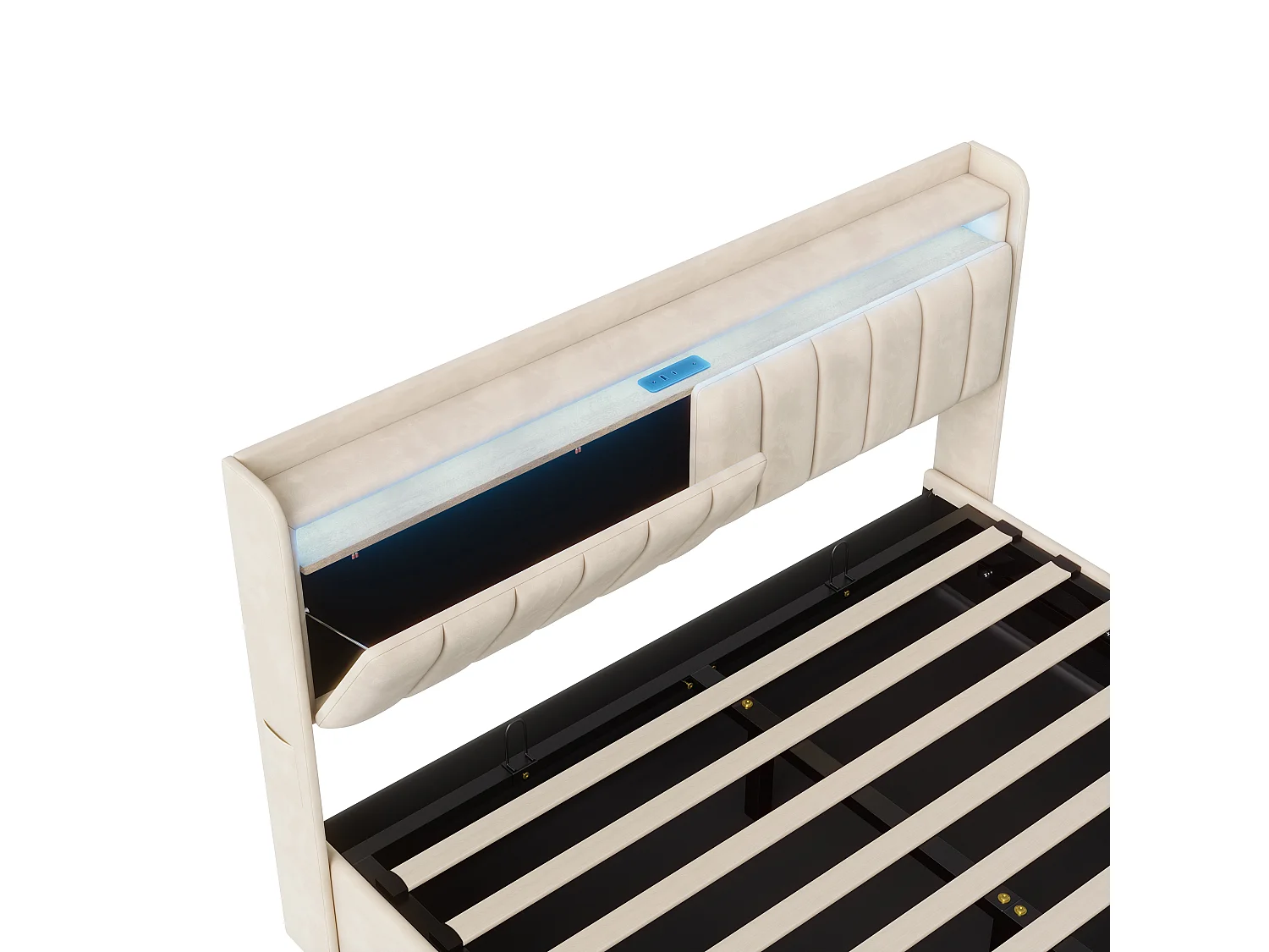Lit 140x190 avec Sommier - Lits 2 Personnes avec USB Type-C et LED - Tête de Lits avec Compartiment Caché - Velours - Beige
