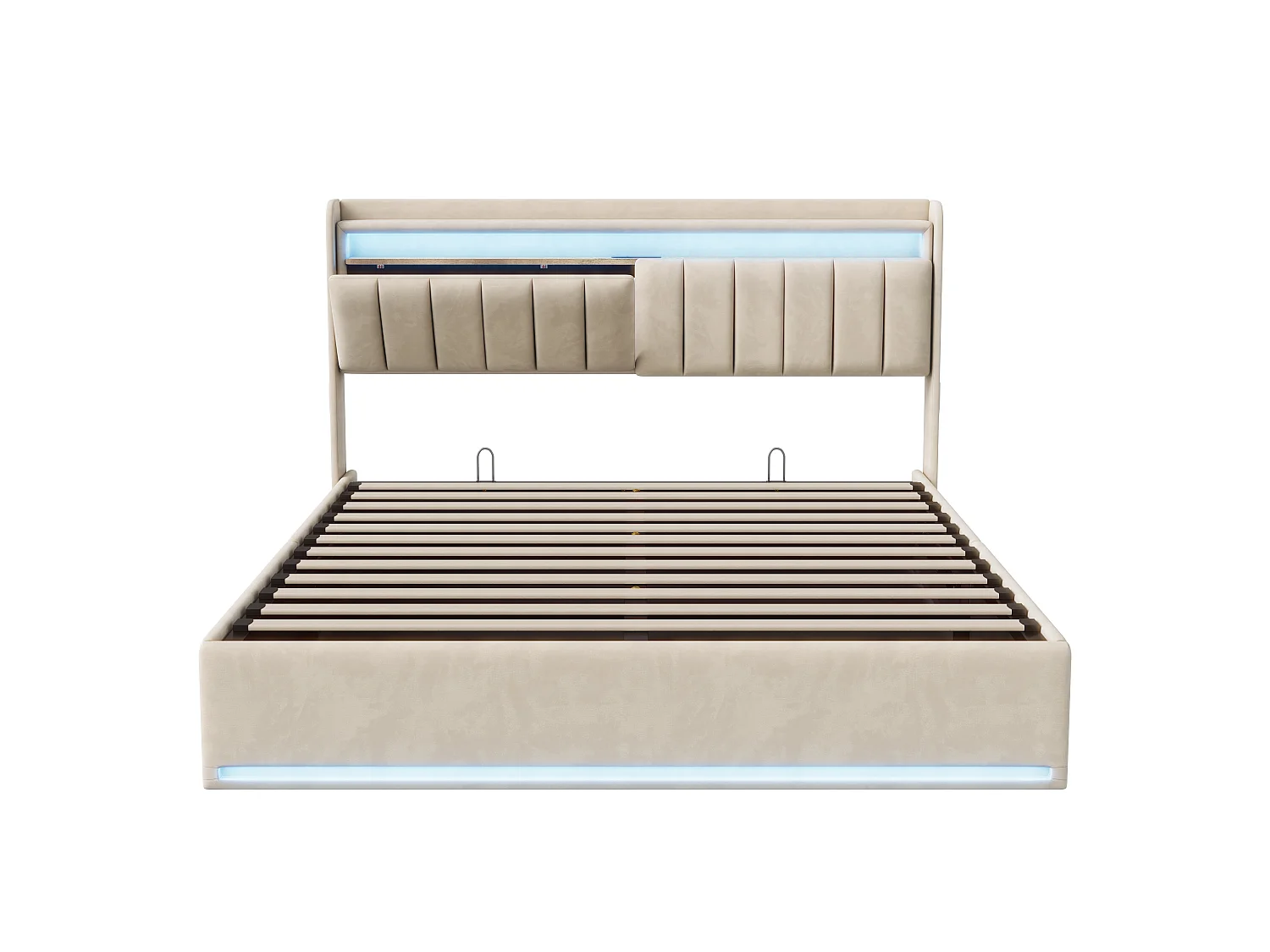Lit 140x190 avec Sommier - Lits 2 Personnes avec USB Type-C et LED - Tête de Lits avec Compartiment Caché - Velours - Beige