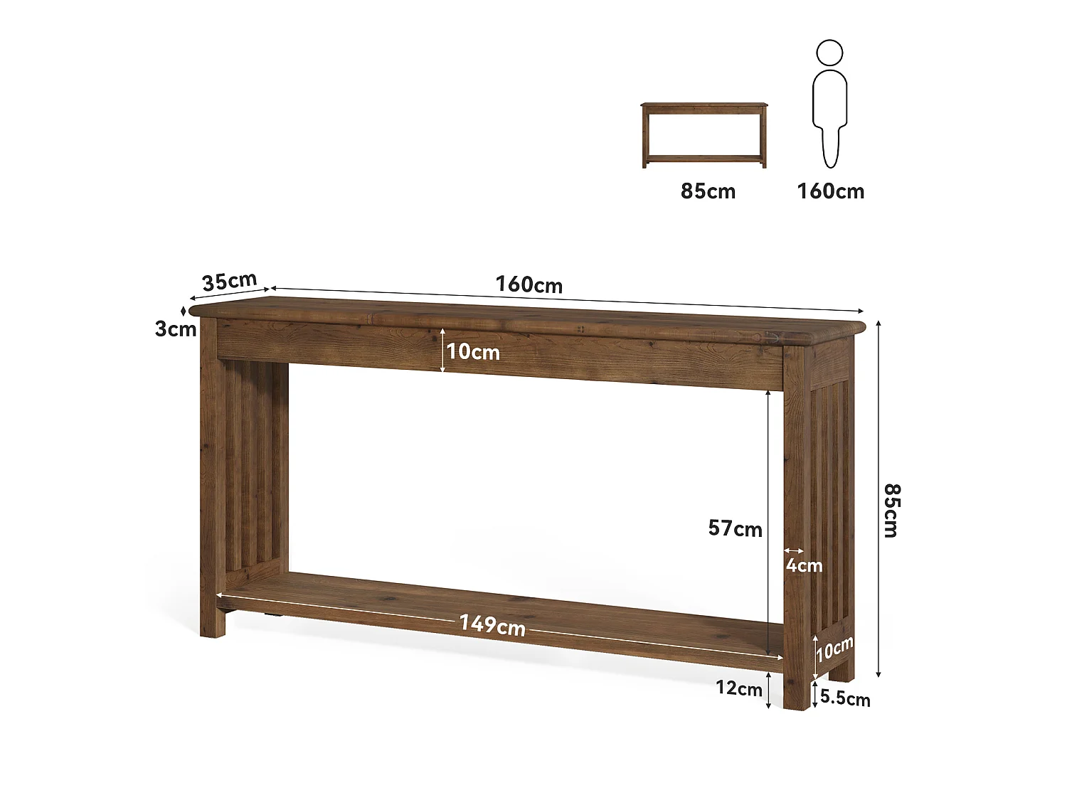 Console en bois massif de 160 cm avec étagère à 2 niveaux, table d'appoint rustique pour canapé ou entrée, idéale derrière un canapé ou dans un couloir