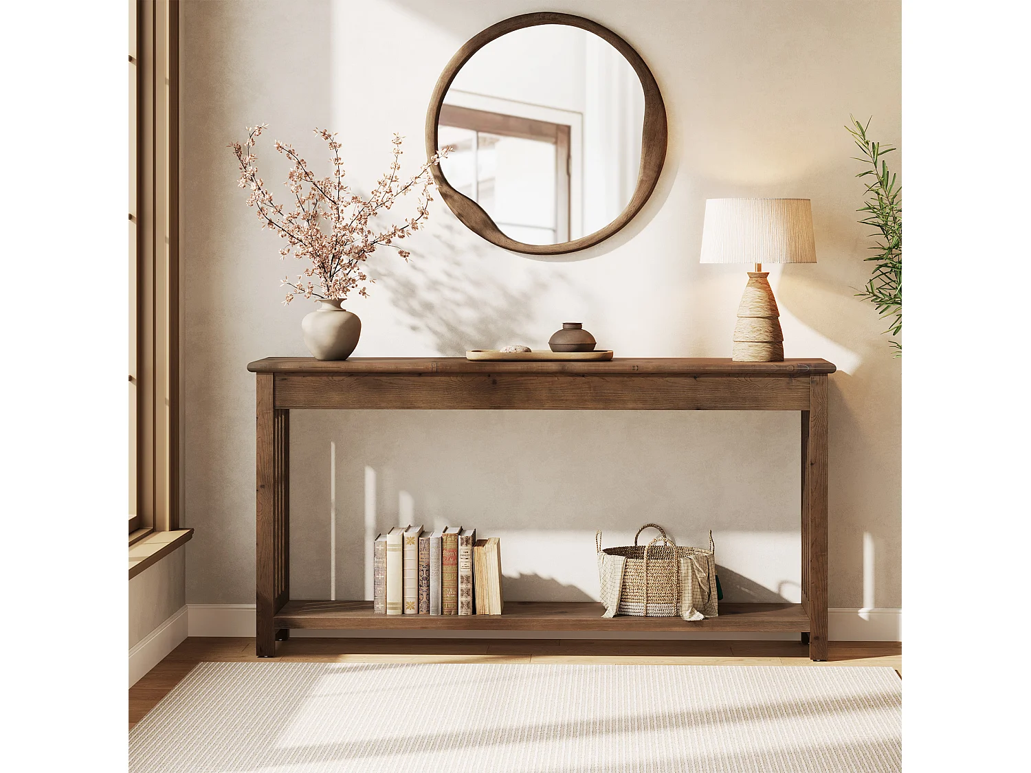 Console en bois massif de 160 cm avec étagère à 2 niveaux, table d'appoint rustique pour canapé ou entrée, idéale derrière un canapé ou dans un couloir