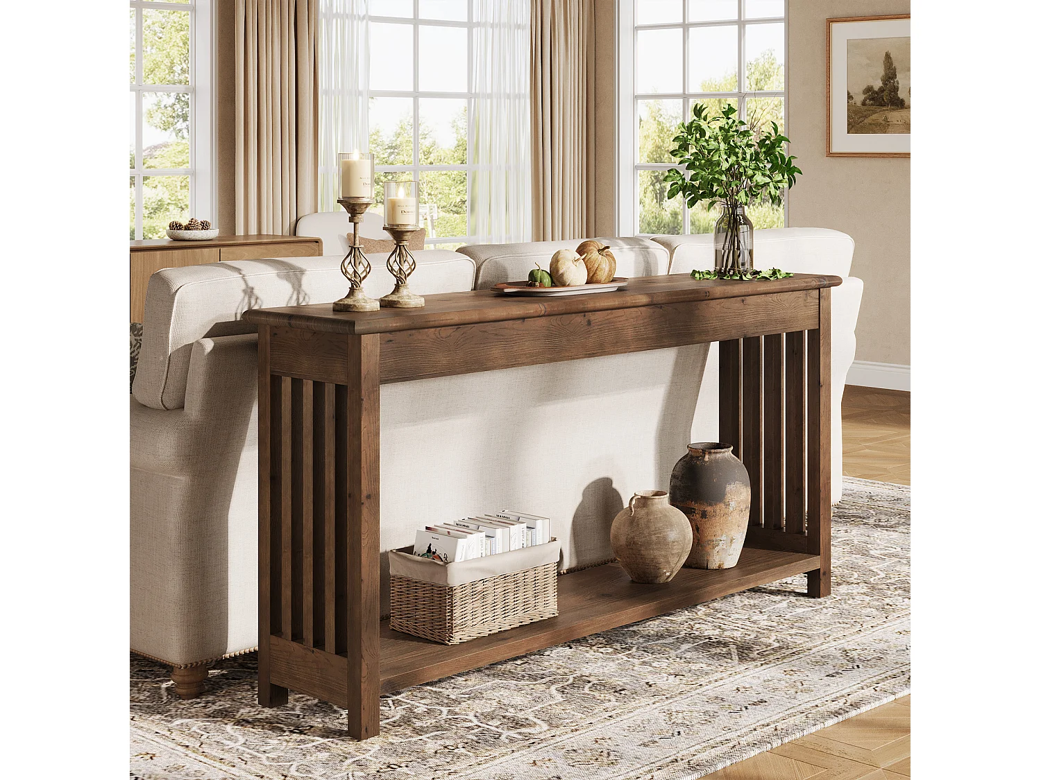 Console en bois massif de 160 cm avec étagère à 2 niveaux, table d'appoint rustique pour canapé ou entrée, idéale derrière un canapé ou dans un couloir