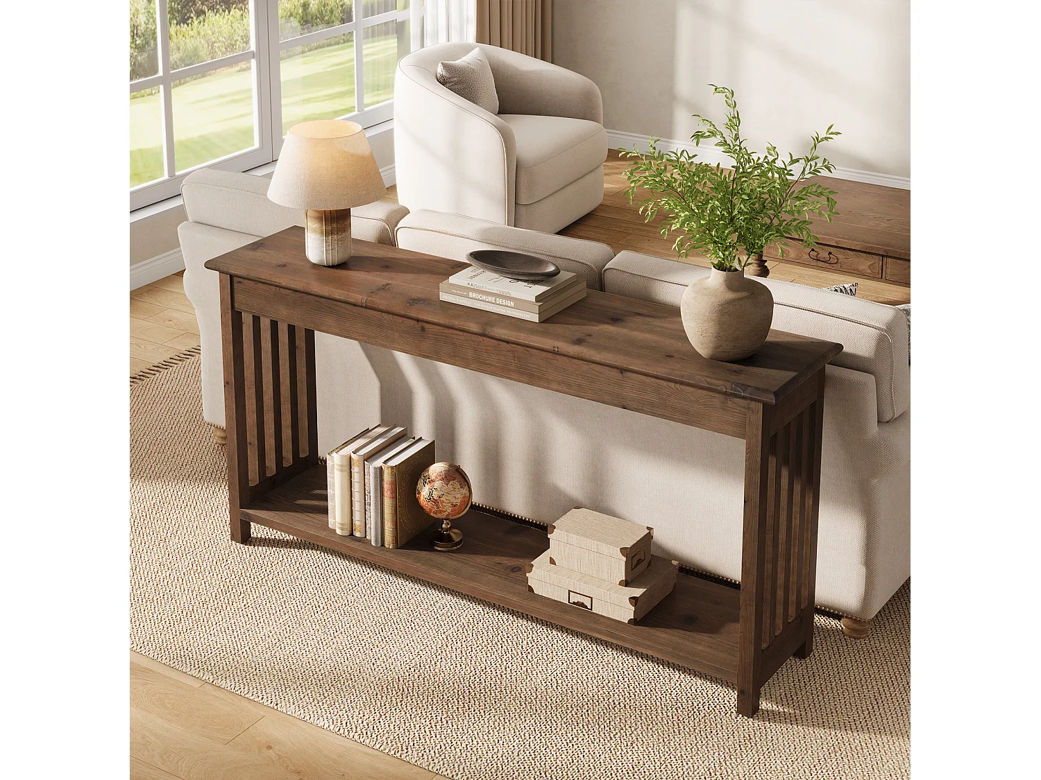 Console en bois massif de 160 cm avec étagère à 2 niveaux, table d'appoint rustique pour canapé ou entrée, idéale derrière un canapé ou dans un couloir