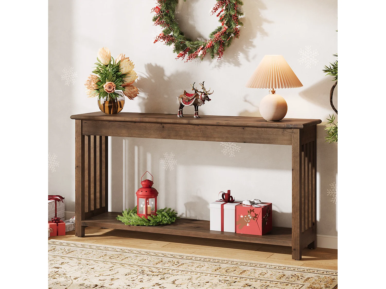 Console en bois massif de 160 cm avec étagère à 2 niveaux, table d'appoint rustique pour canapé ou entrée, idéale derrière un canapé ou dans un couloir