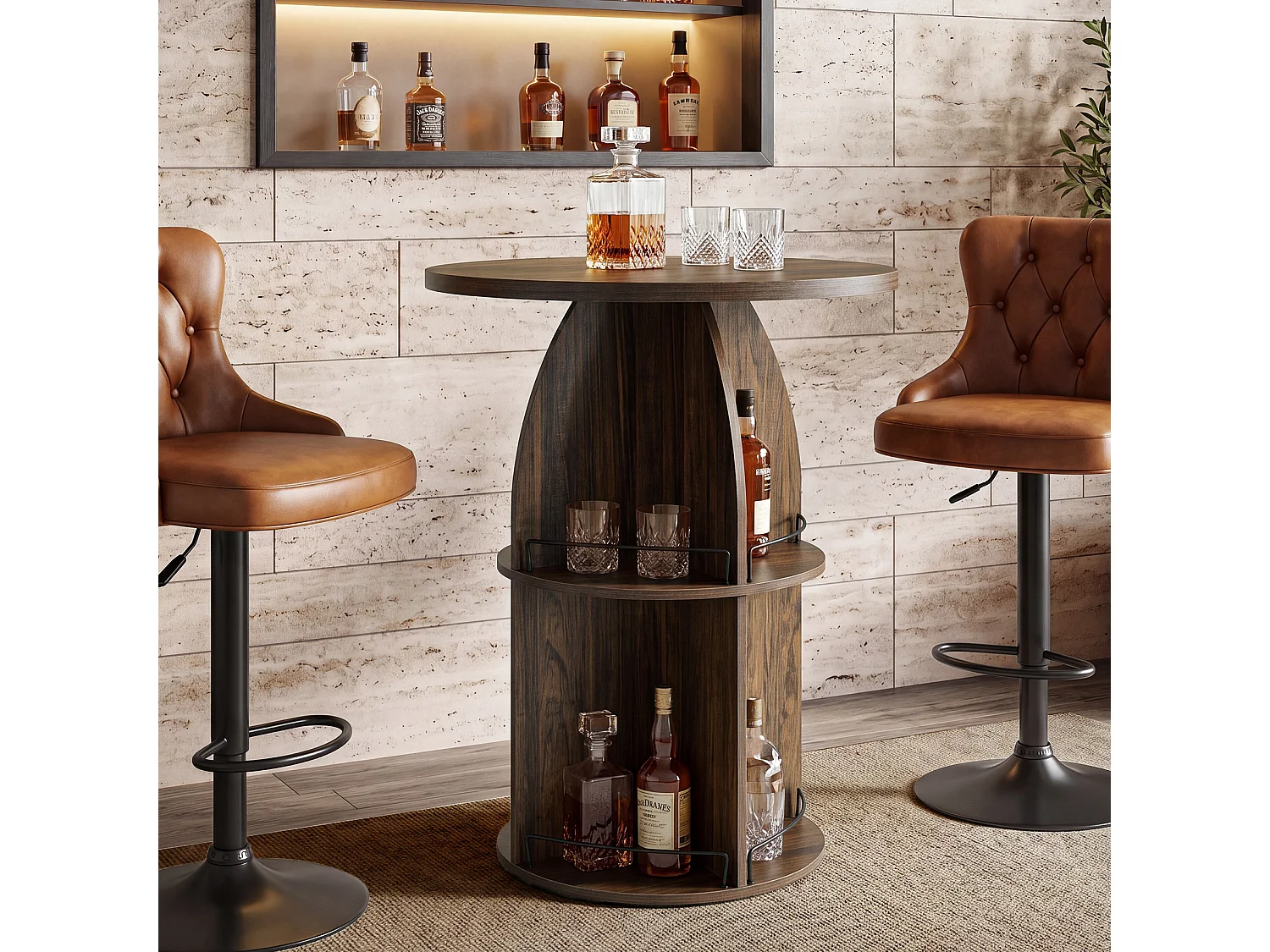 Table de bar ronde à 3 niveaux, table de pub de 95 cm de haut avec rangement, table de cocktail haute style ferme marron