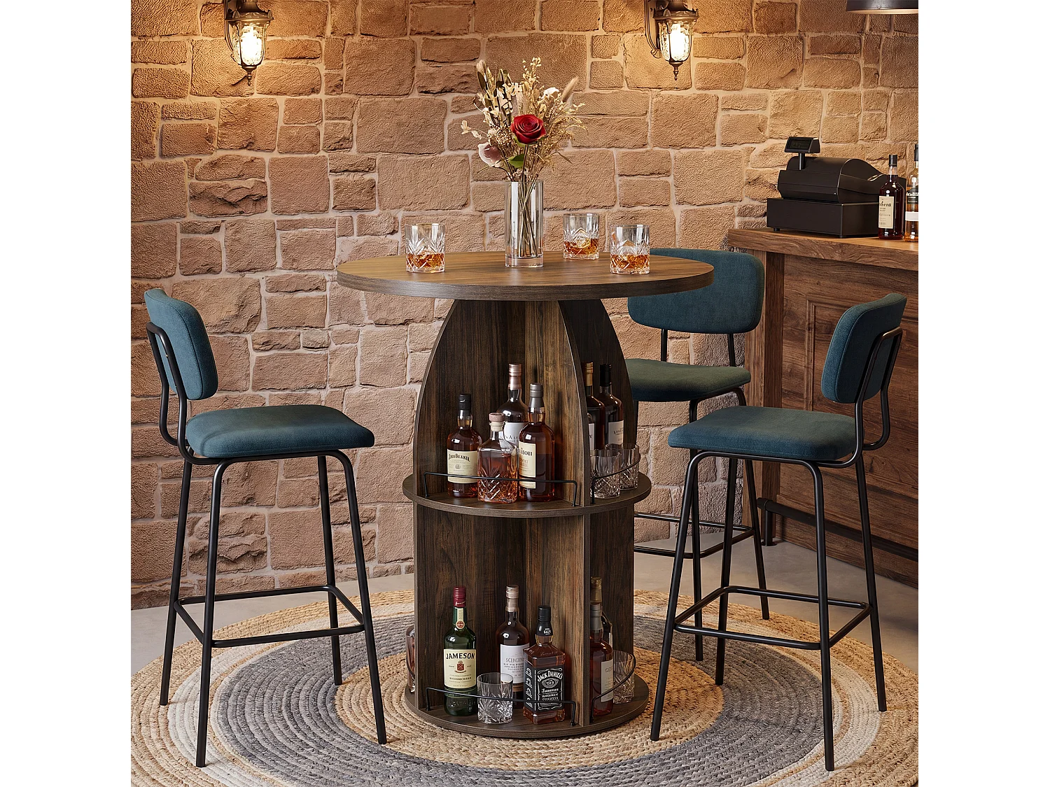 Table de bar ronde à 3 niveaux, table de pub de 95 cm de haut avec rangement, table de cocktail haute style ferme marron