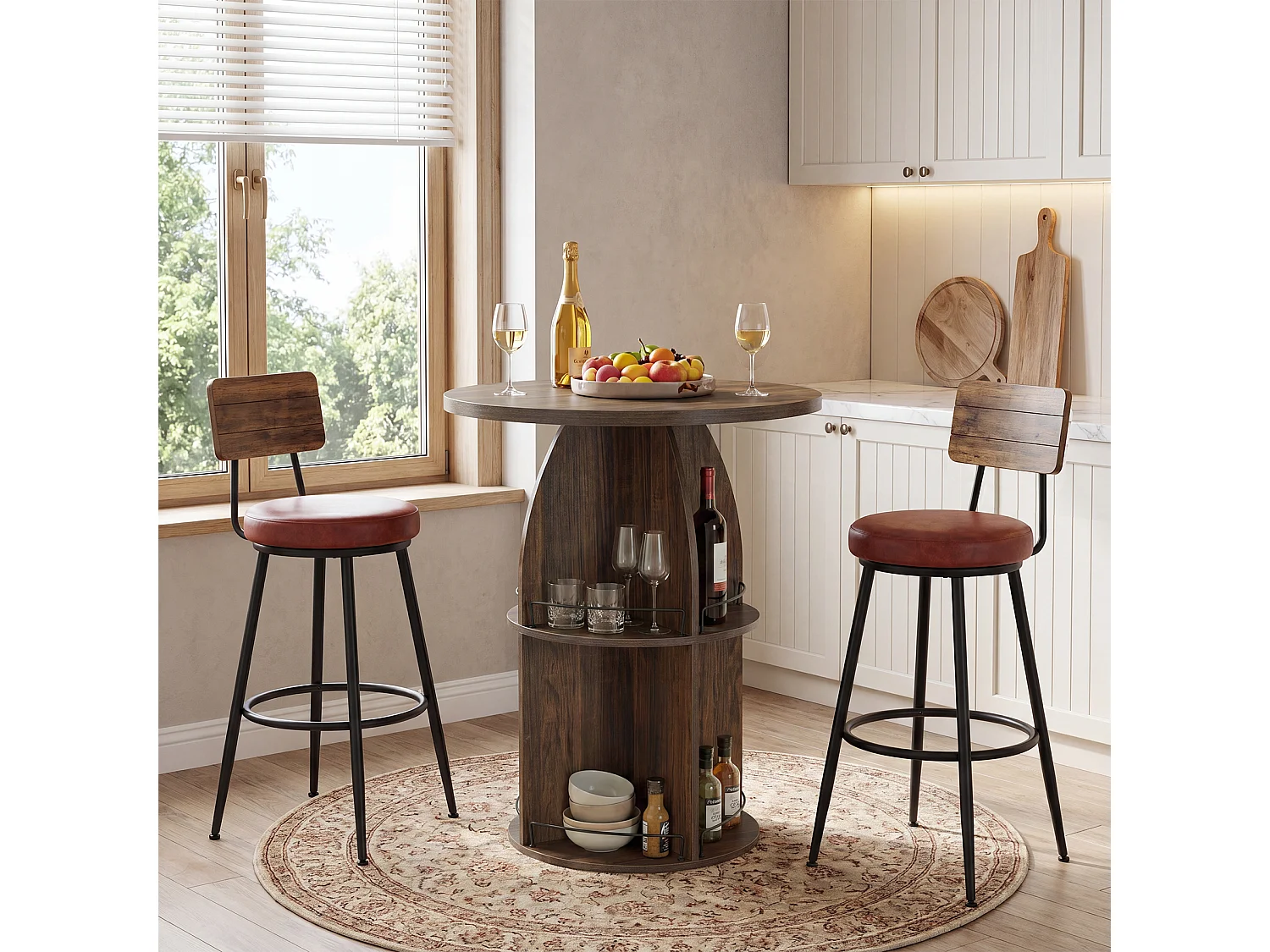 Table de bar ronde à 3 niveaux, table de pub de 95 cm de haut avec rangement, table de cocktail haute style ferme marron