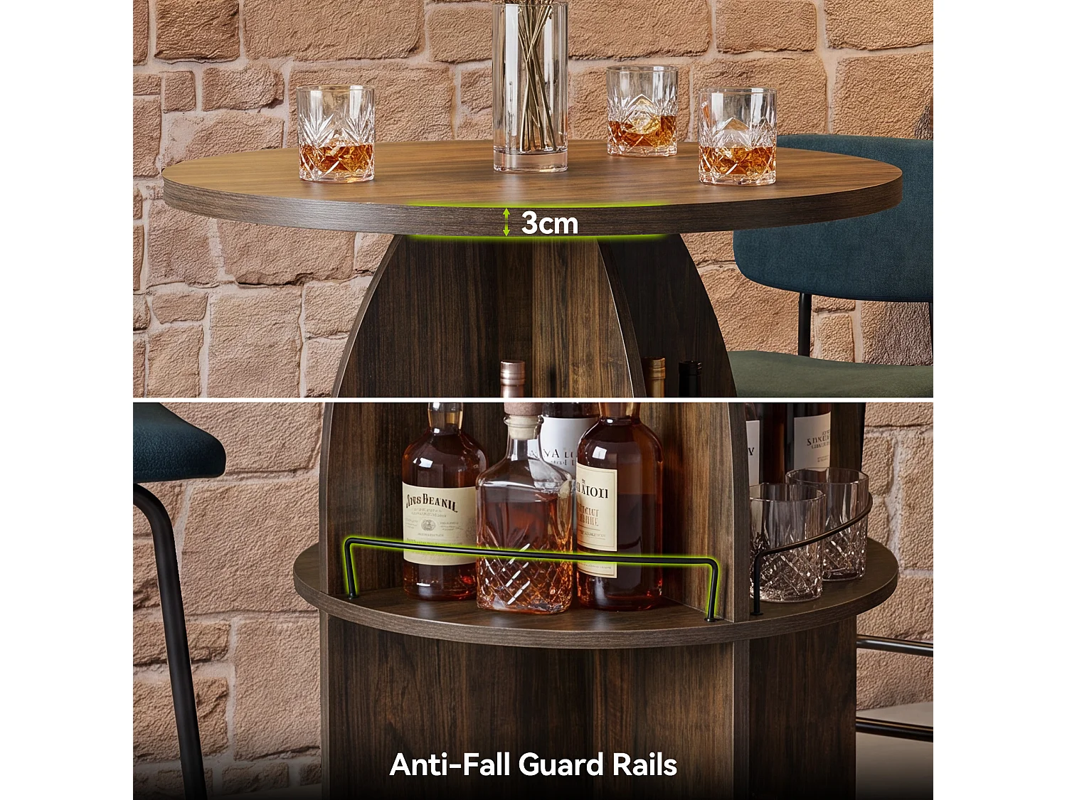 Table de bar ronde à 3 niveaux, table de pub de 95 cm de haut avec rangement, table de cocktail haute style ferme marron