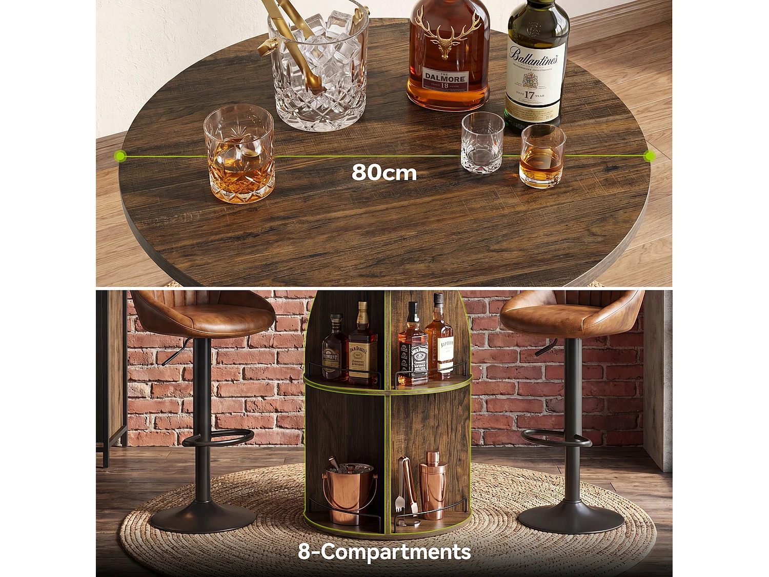 Table de bar ronde à 3 niveaux, table de pub de 95 cm de haut avec rangement, table de cocktail haute style ferme marron