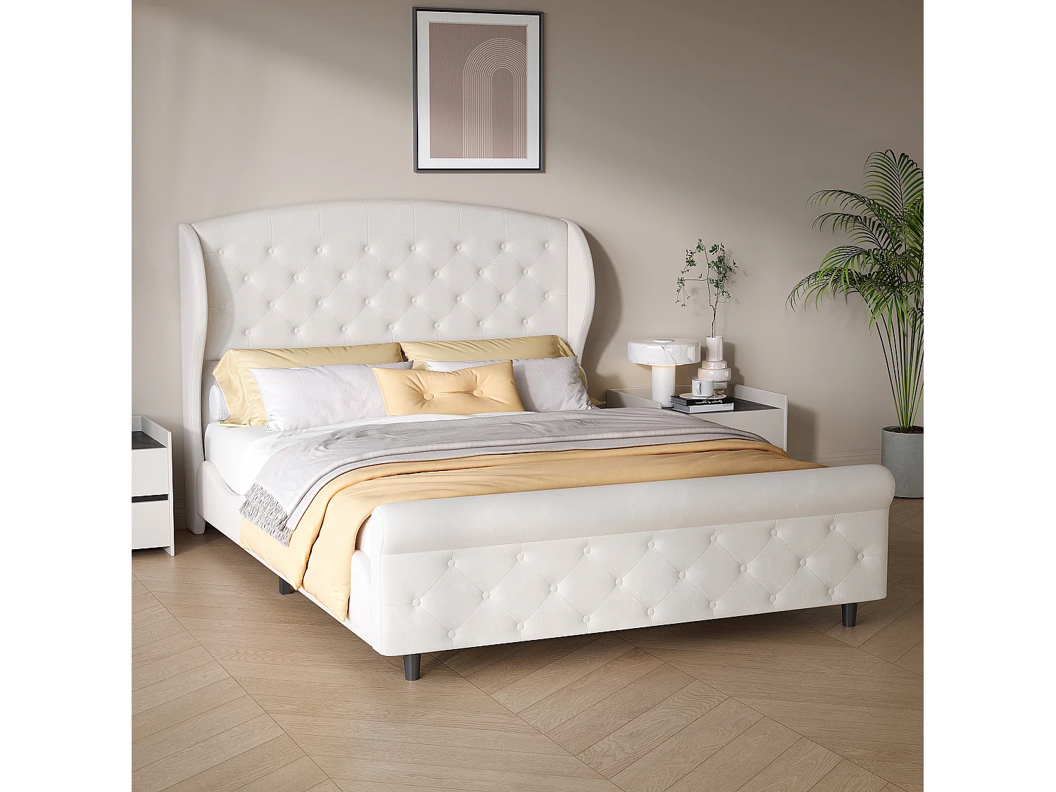 Cadre de Lit 140x200 avec Sommier - Lit Double avec Tête de lit  rembourré - traîneau Blanc - pour Adultes Adolescents - Velours