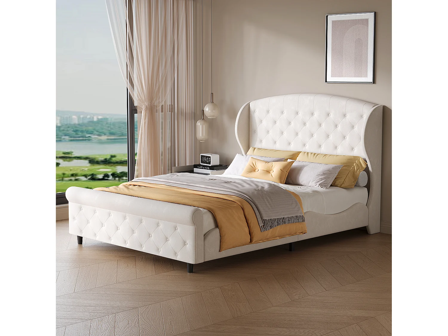 Cadre de Lit 140x200 avec Sommier - Lit Double avec Tête de lit  rembourré - traîneau Blanc - pour Adultes Adolescents - Velours