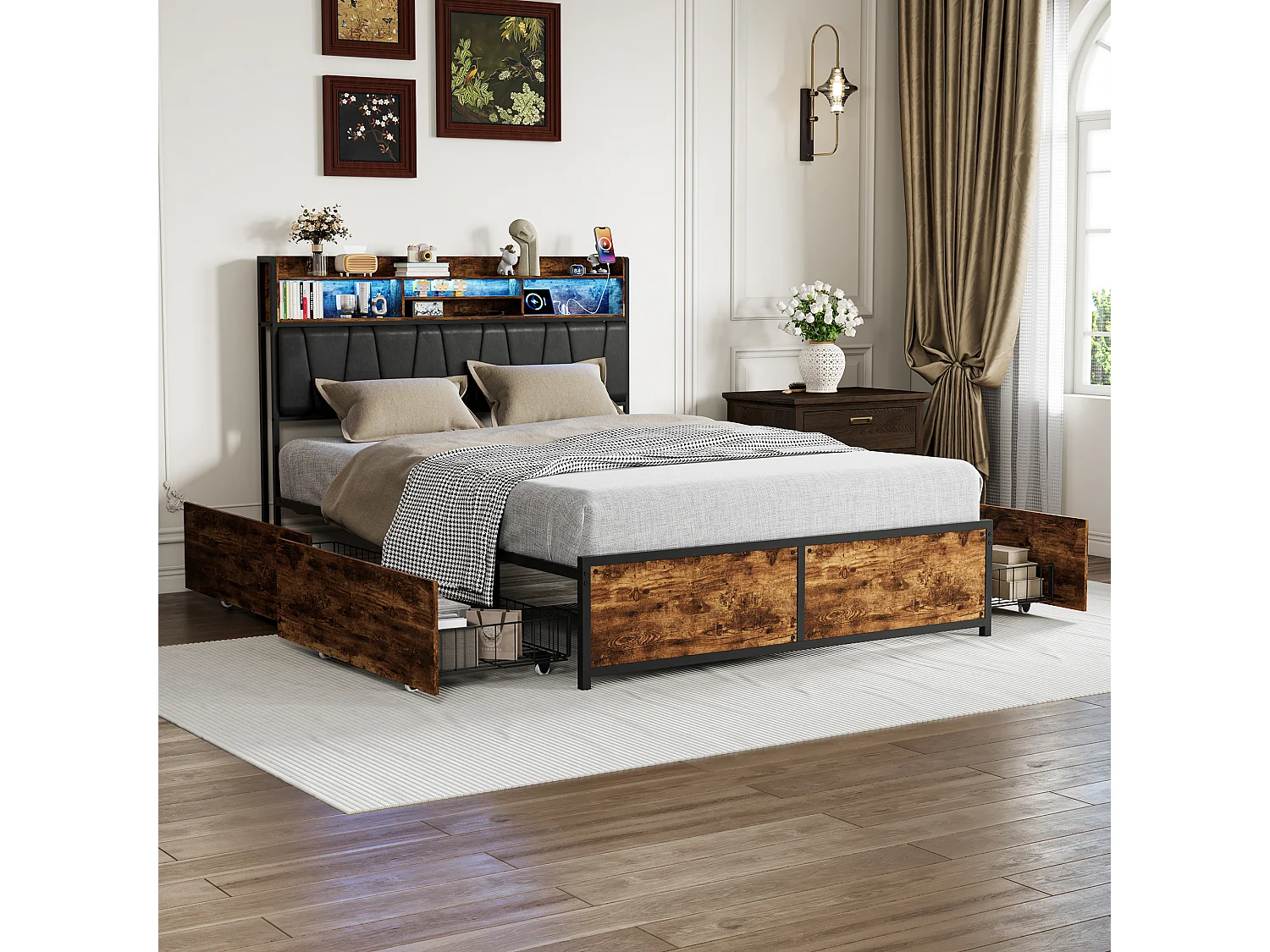 Letto 140x200 cm con LED e 2 porte USB/Type-C - Testiera con contenitore - Letto in metallo con 4 cassetti - Struttura letto matrimoniale in metallo - Nero