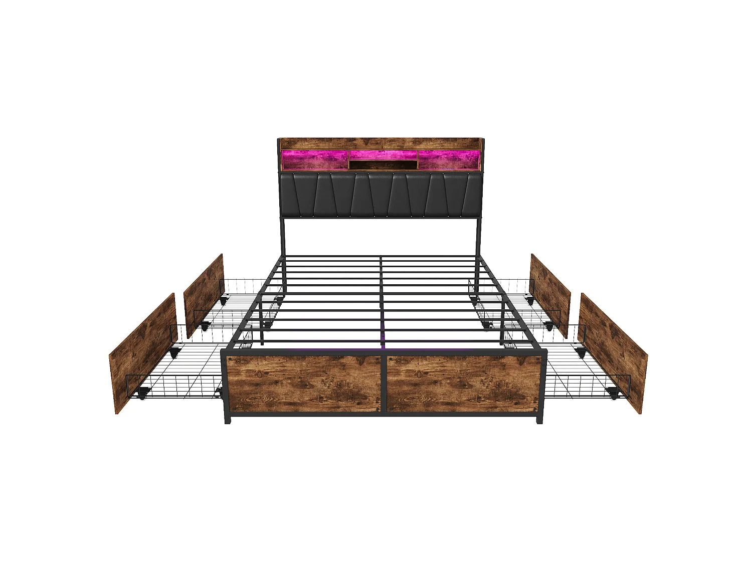 Letto 140x200 cm con LED e 2 porte USB/Type-C - Testiera con contenitore - Letto in metallo con 4 cassetti - Struttura letto matrimoniale in metallo - Nero
