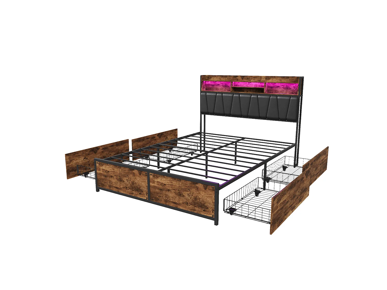 Letto 140x200 cm con LED e 2 porte USB/Type-C - Testiera con contenitore - Letto in metallo con 4 cassetti - Struttura letto matrimoniale in metallo - Nero
