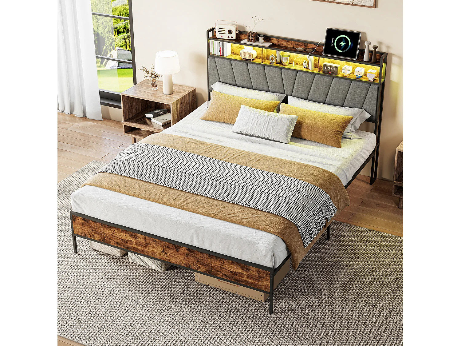 Cadre de lit 160x200 avec Sommier Métal- Lit 1 Personnes avec Lumières LED et 2 Ports USB/Type-C- Tête de lit avec rangement -Gris
