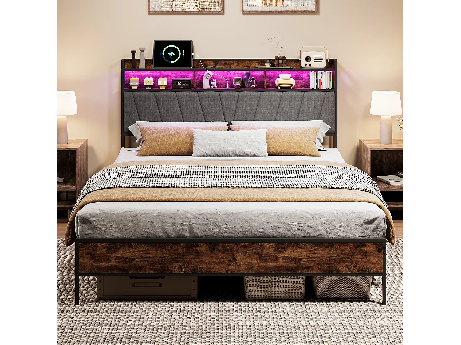 Cadre de lit 160x200 avec Sommier Métal- Lit 1 Personnes avec Lumières LED et 2 Ports USB/Type-C- Tête de lit avec rangement -Gris