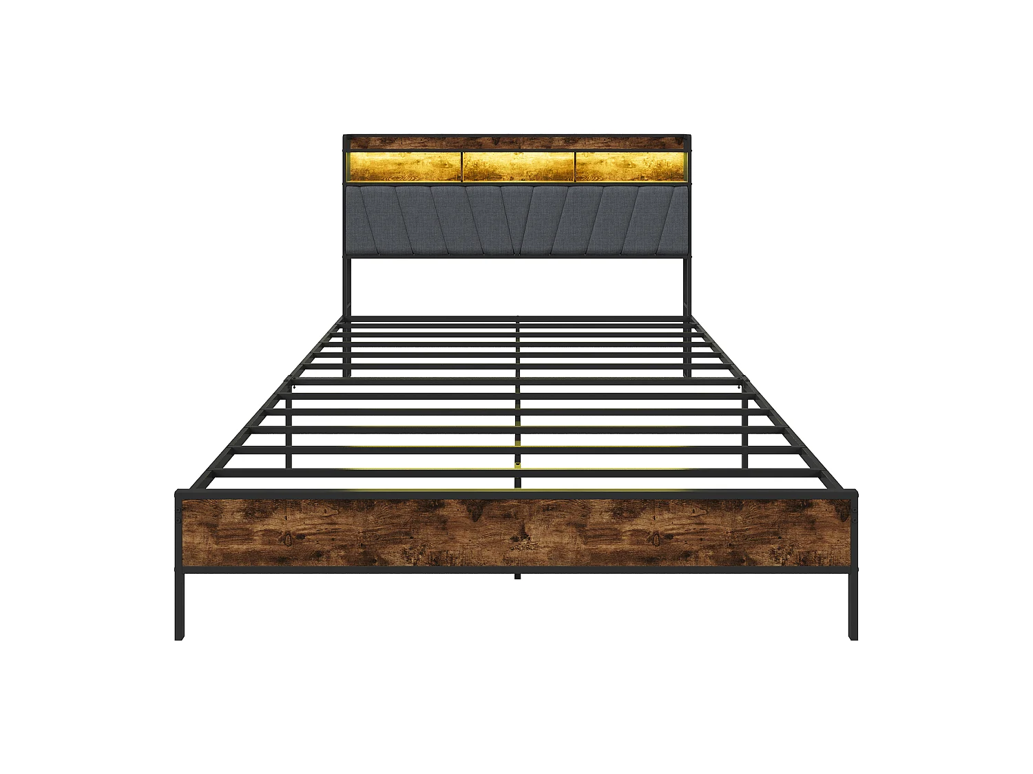 Cadre de lit 160x200 avec Sommier Métal- Lit 1 Personnes avec Lumières LED et 2 Ports USB/Type-C- Tête de lit avec rangement -Gris