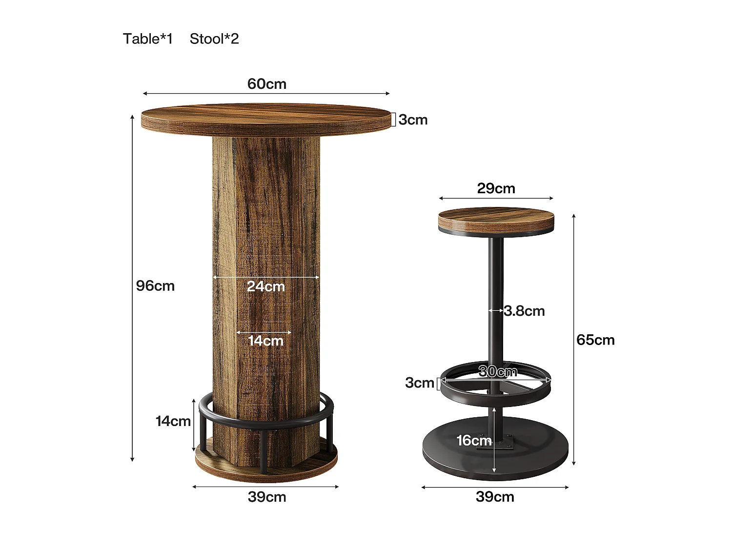 Ensemble table de bar 3 pièces, petite table de cuisine ronde avec 2 chaises, table de bar marron hauteur comptoir, table de pub pour petits espaces
