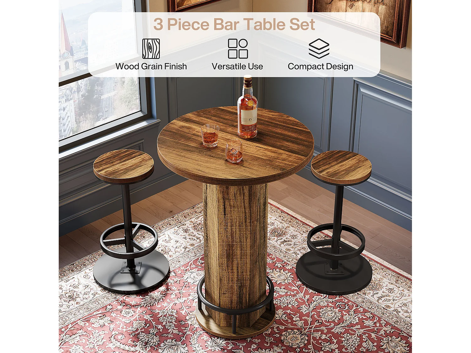 Ensemble table de bar 3 pièces, petite table de cuisine ronde avec 2 chaises, table de bar marron hauteur comptoir, table de pub pour petits espaces