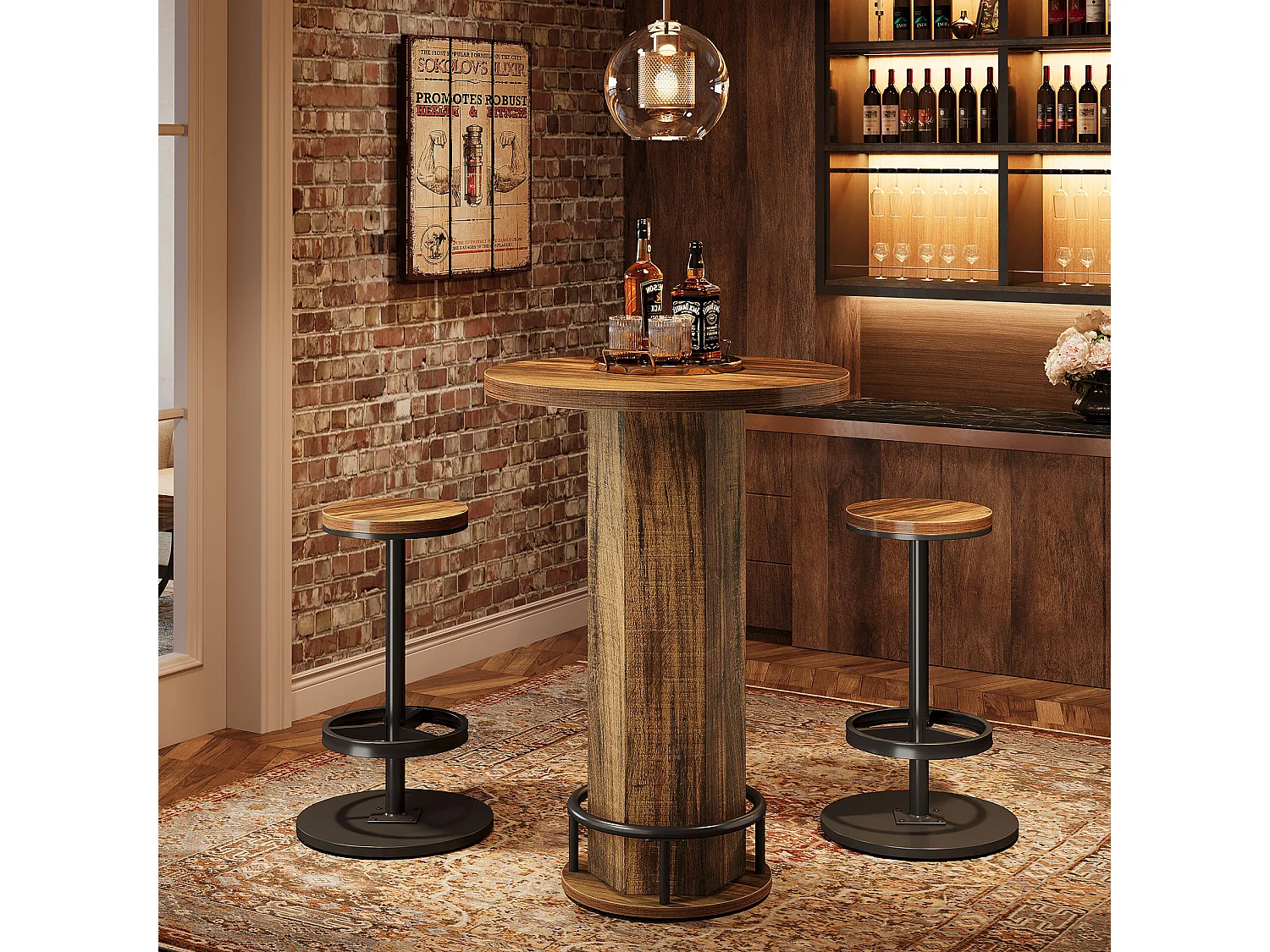 Ensemble table de bar 3 pièces, petite table de cuisine ronde avec 2 chaises, table de bar marron hauteur comptoir, table de pub pour petits espaces