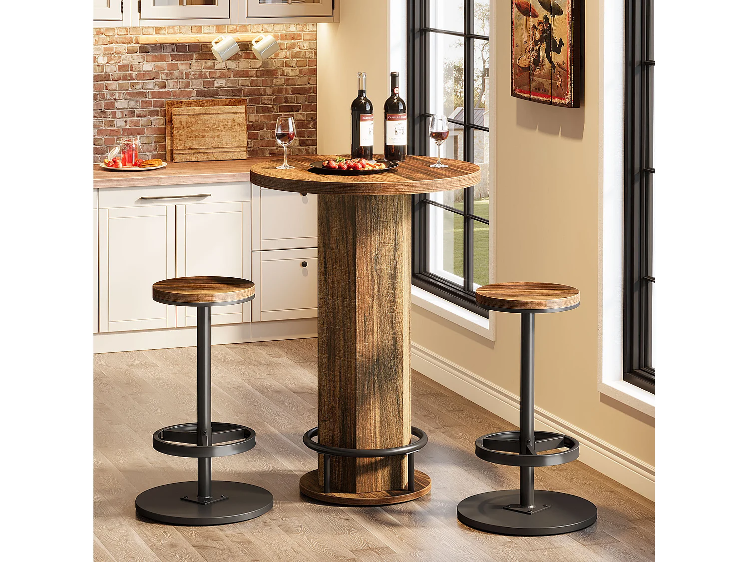 Ensemble table de bar 3 pièces, petite table de cuisine ronde avec 2 chaises, table de bar marron hauteur comptoir, table de pub pour petits espaces