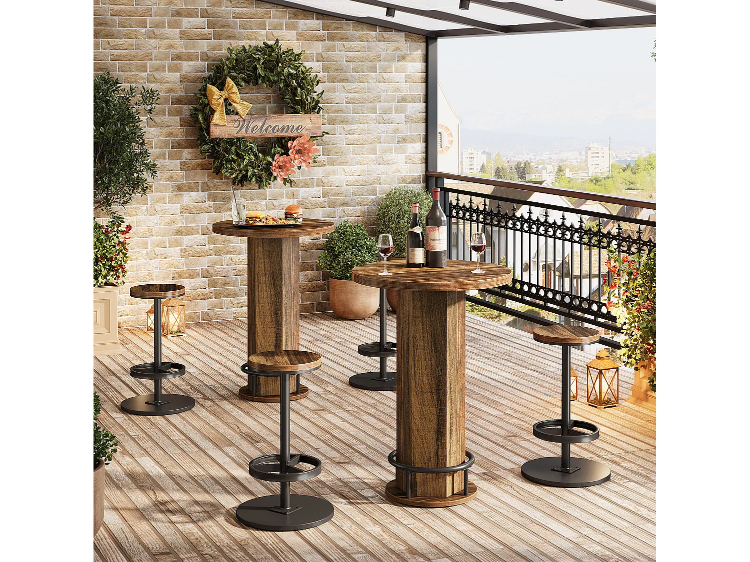 Ensemble table de bar 3 pièces, petite table de cuisine ronde avec 2 chaises, table de bar marron hauteur comptoir, table de pub pour petits espaces