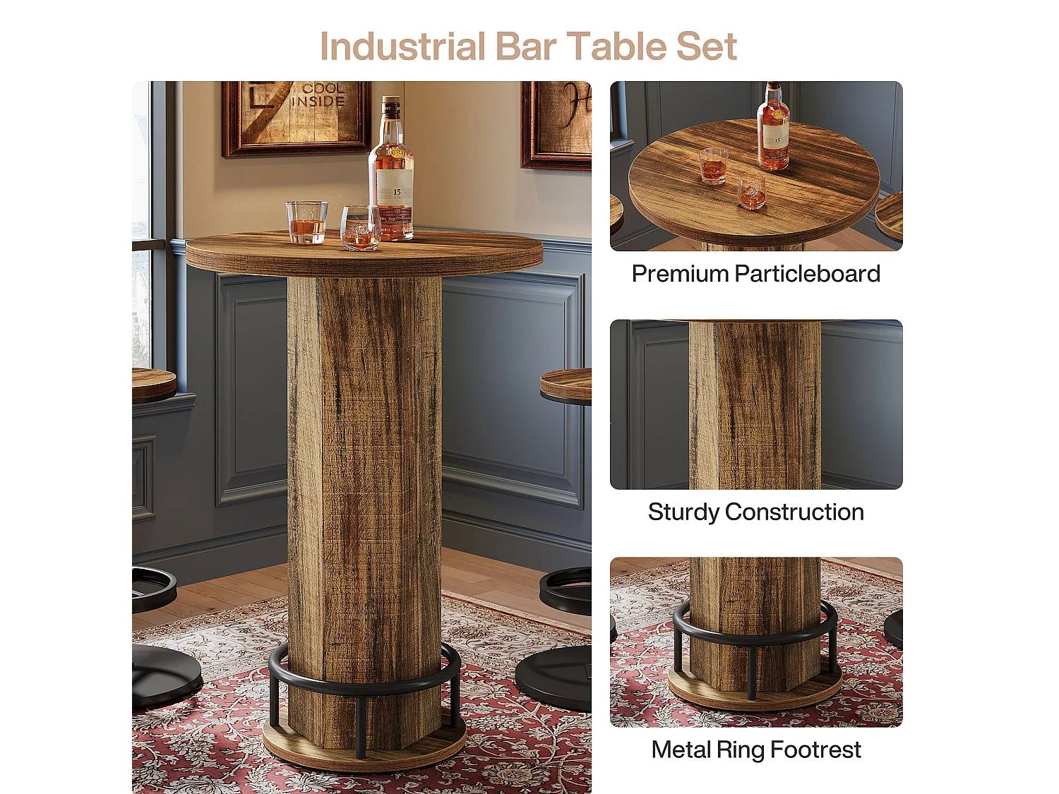 Ensemble table de bar 3 pièces, petite table de cuisine ronde avec 2 chaises, table de bar marron hauteur comptoir, table de pub pour petits espaces