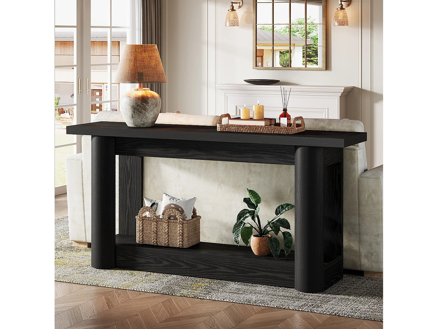 Console moderne de 160 cm, table d'appoint étroite et longue à placer derrière un canapé, meuble d'entrée à 2 niveaux avec rangement, montage facile, noir
