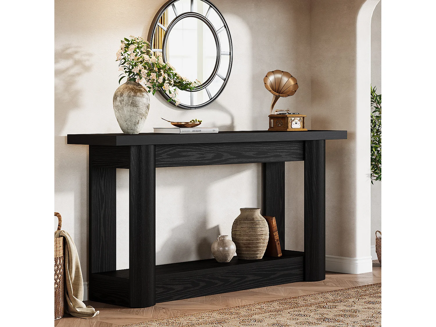 Console moderne de 160 cm, table d'appoint étroite et longue à placer derrière un canapé, meuble d'entrée à 2 niveaux avec rangement, montage facile, noir